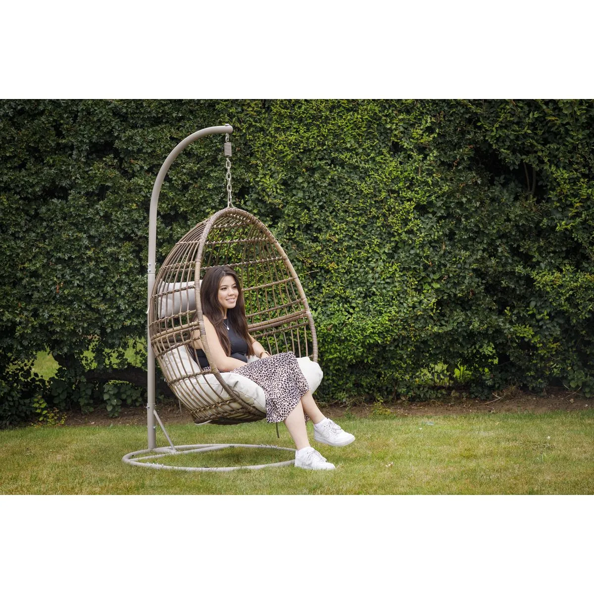 Dellonda Egg Hanging Swing Chair, Wicker Rattan Basket, Steel Frame, Single