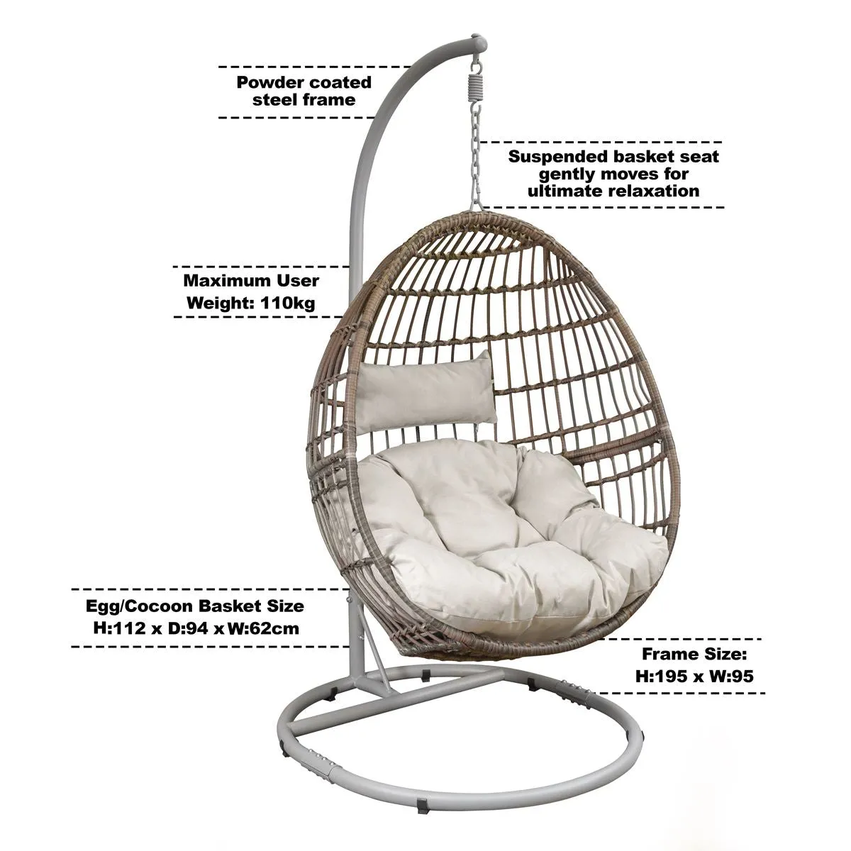 Dellonda Egg Hanging Swing Chair, Wicker Rattan Basket, Steel Frame, Single