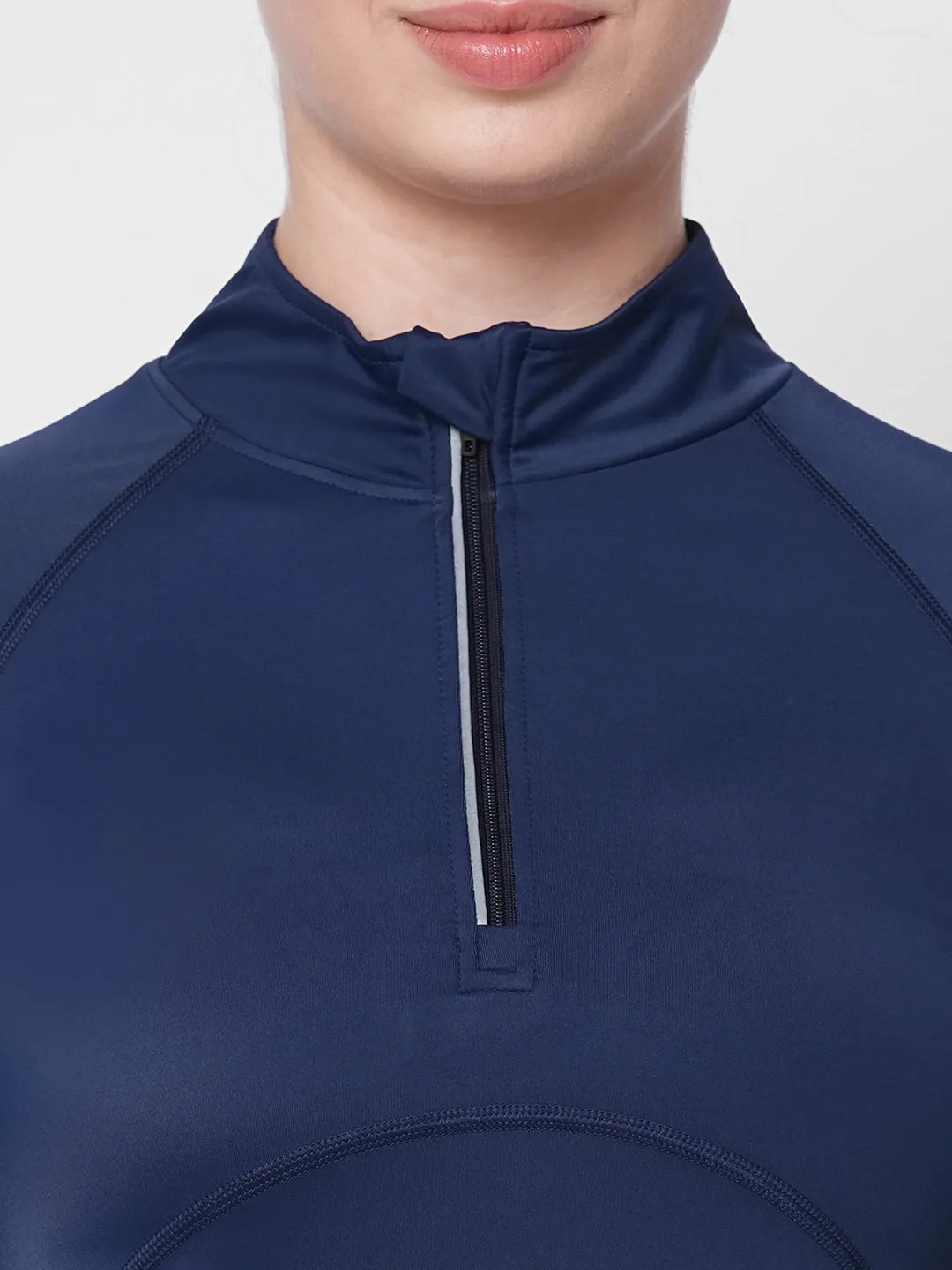 Fitkin women blue front zipper high neck training Tshirt