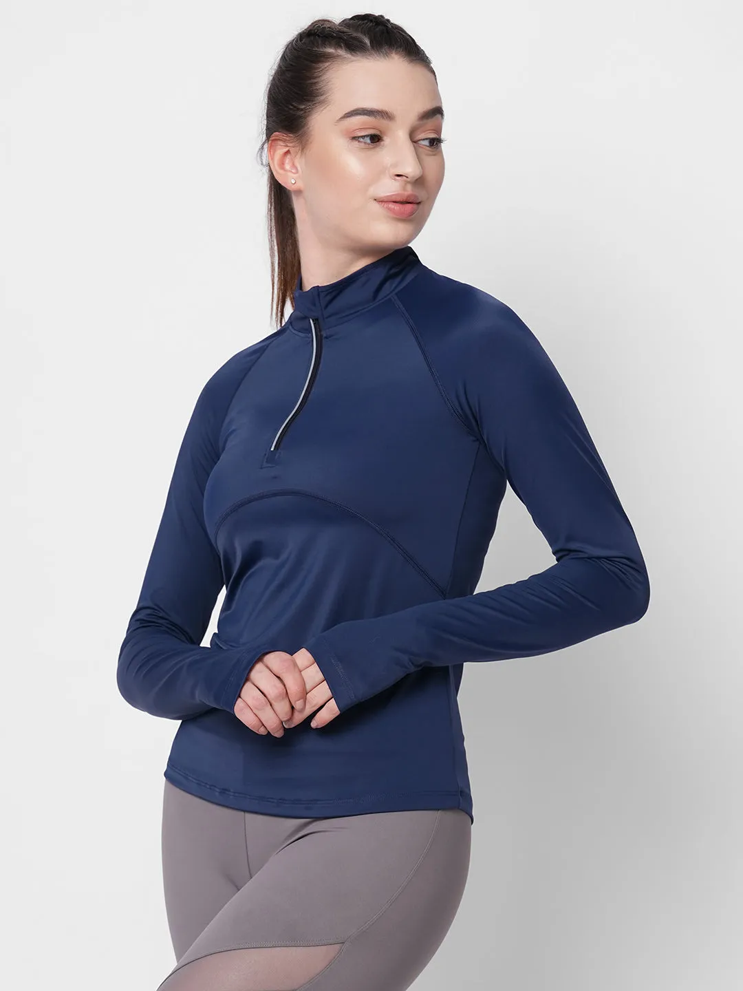 Fitkin women blue front zipper high neck training Tshirt