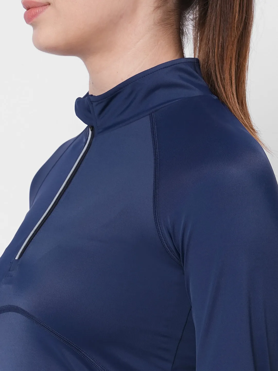 Fitkin women blue front zipper high neck training Tshirt