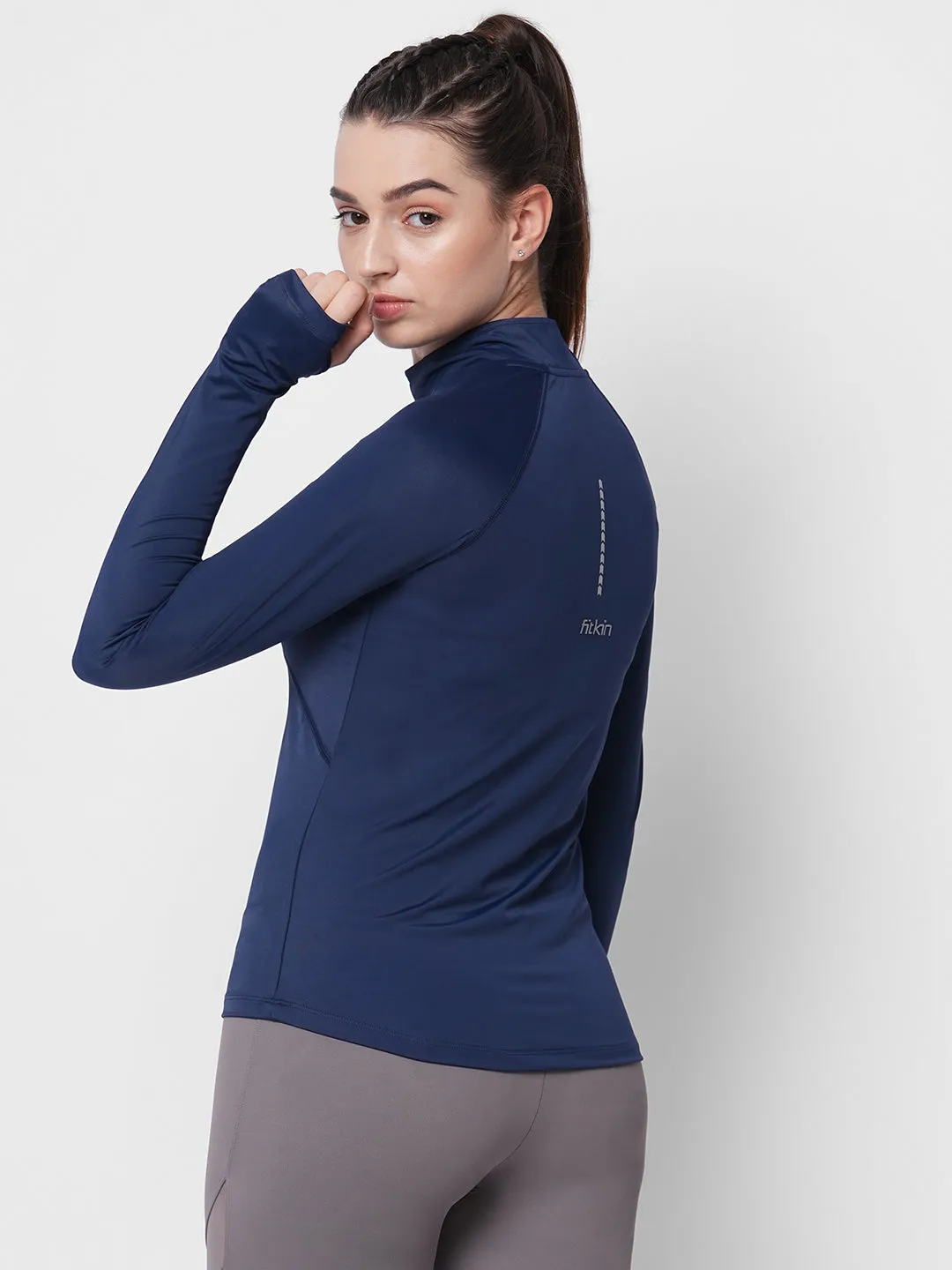 Fitkin women blue front zipper high neck training Tshirt