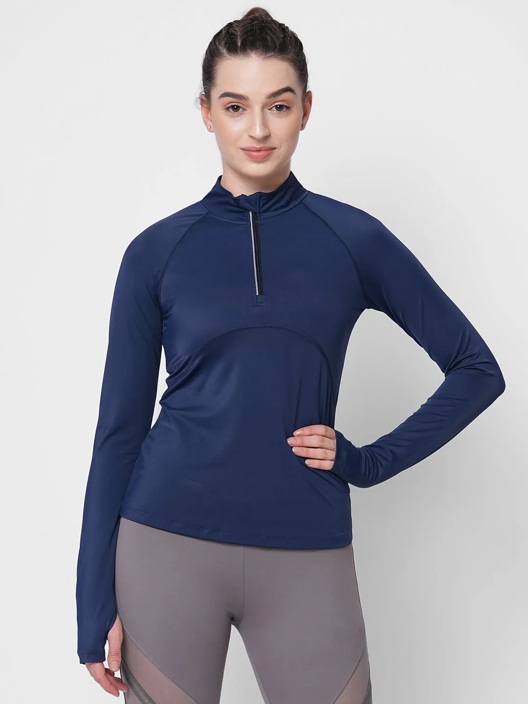 Fitkin women blue front zipper high neck training Tshirt