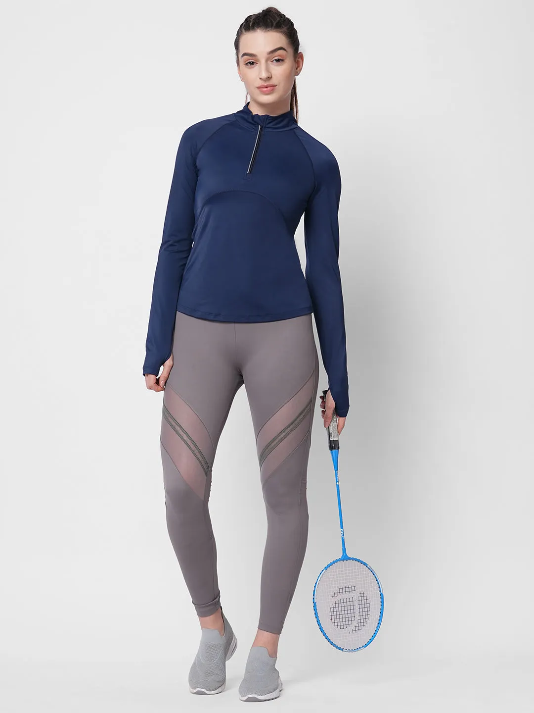 Fitkin women blue front zipper high neck training Tshirt