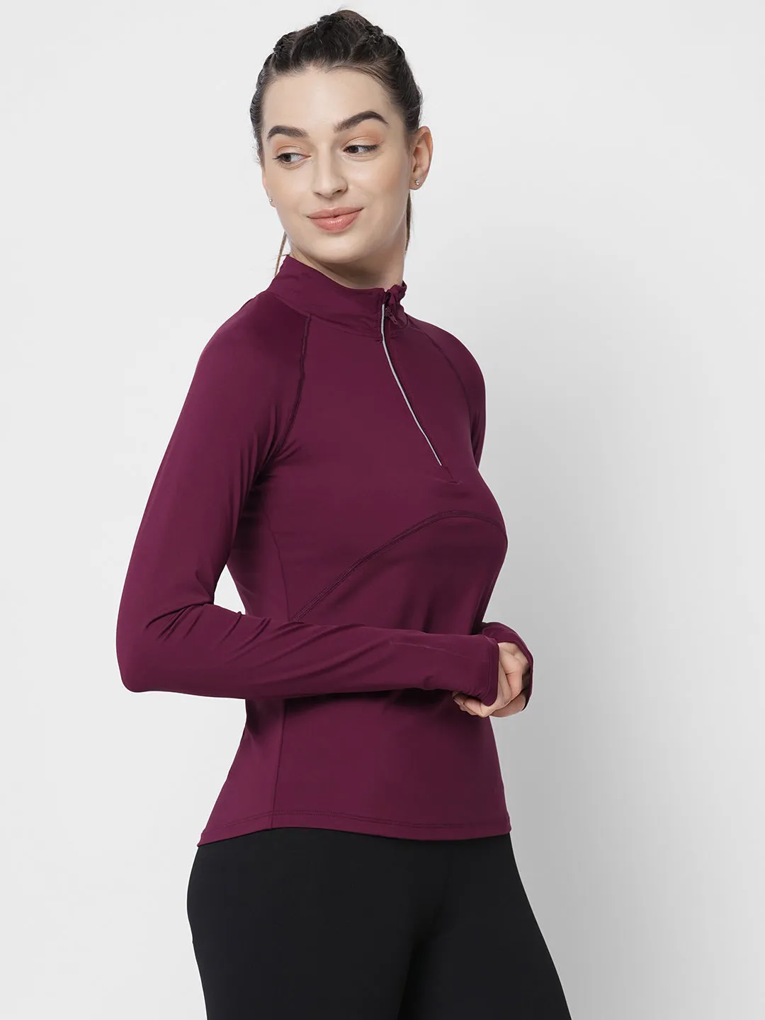Fitkin women maroon front zipper high neck training Tshirt
