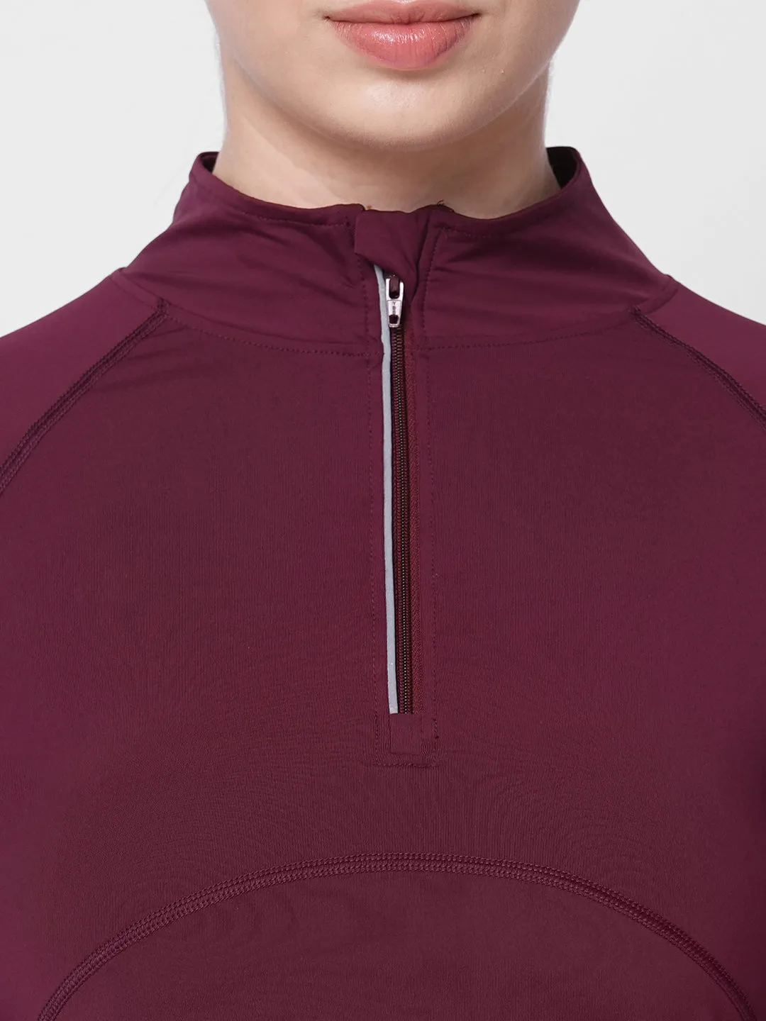 Fitkin women maroon front zipper high neck training Tshirt