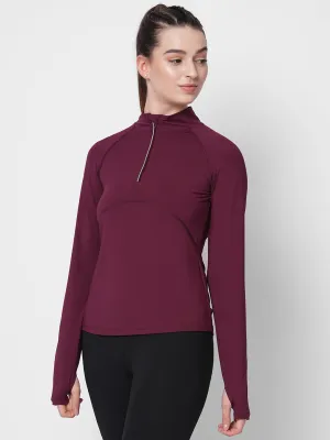 Fitkin women maroon front zipper high neck training Tshirt