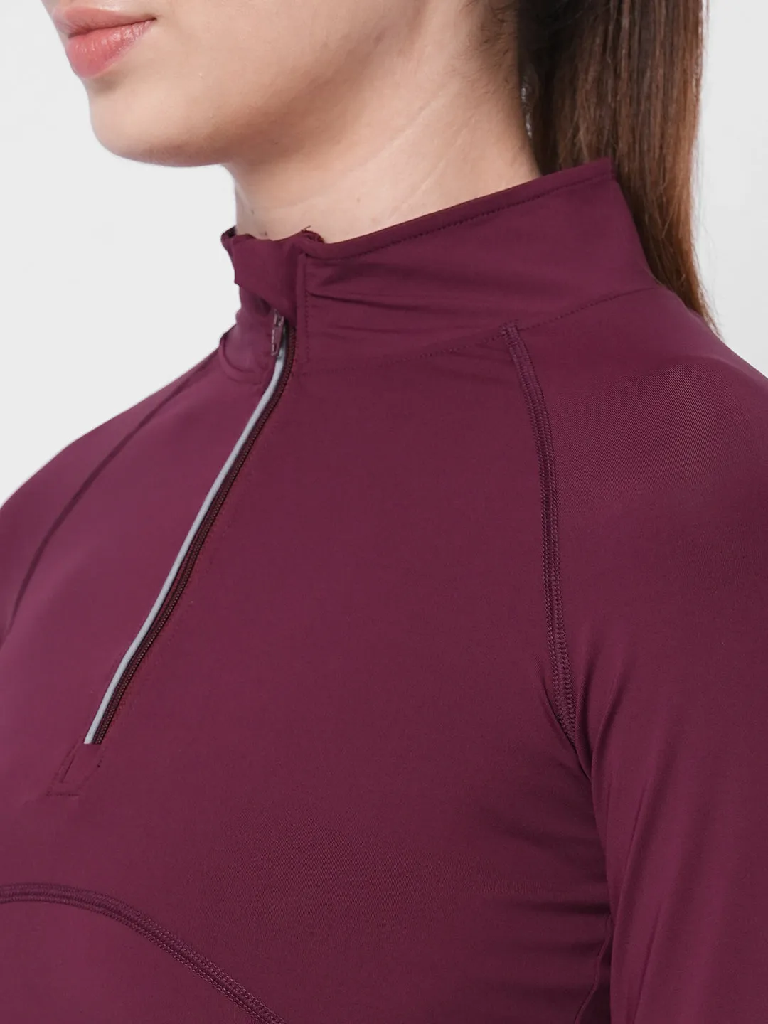 Fitkin women maroon front zipper high neck training Tshirt