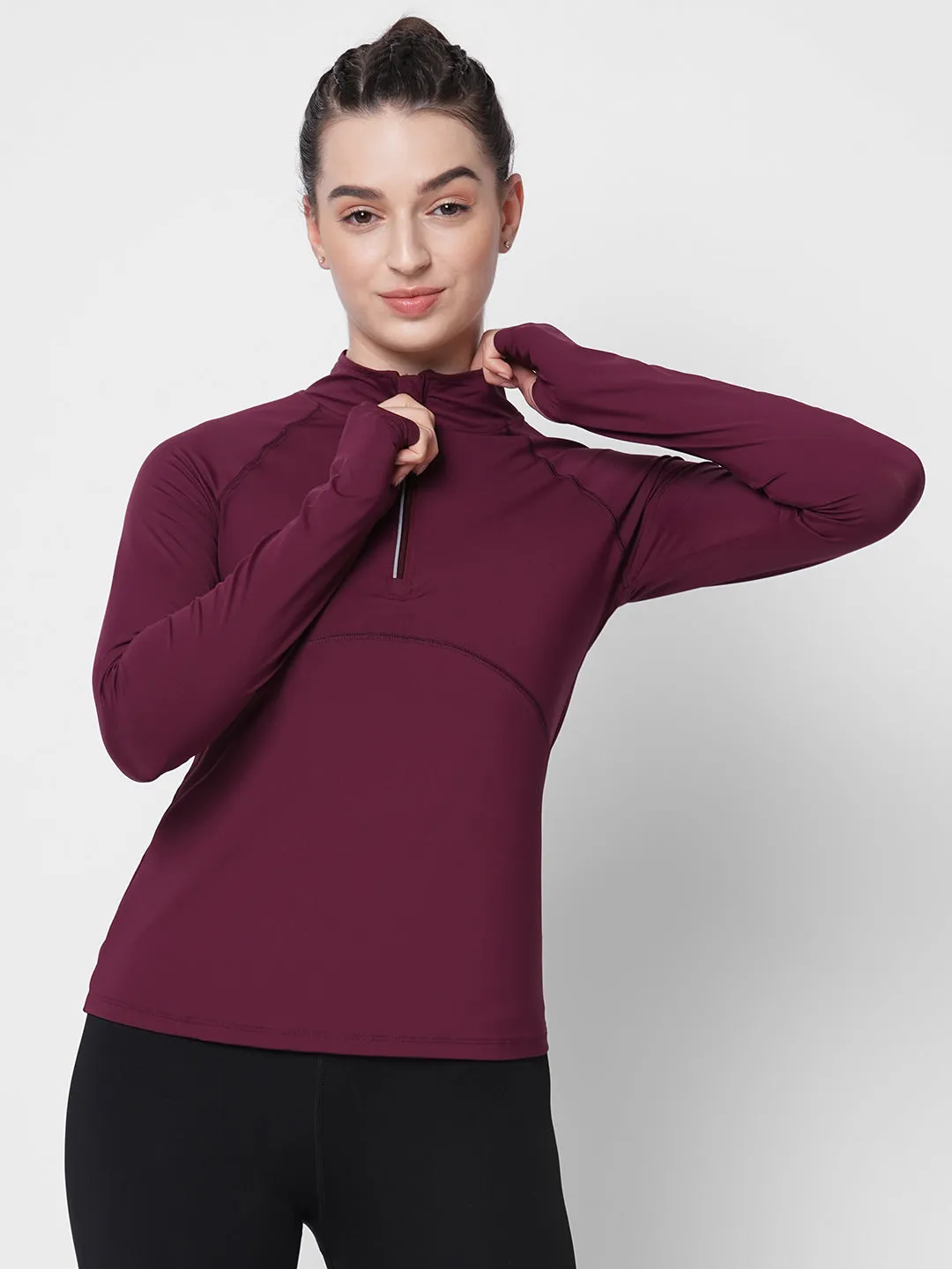 Fitkin women maroon front zipper high neck training Tshirt