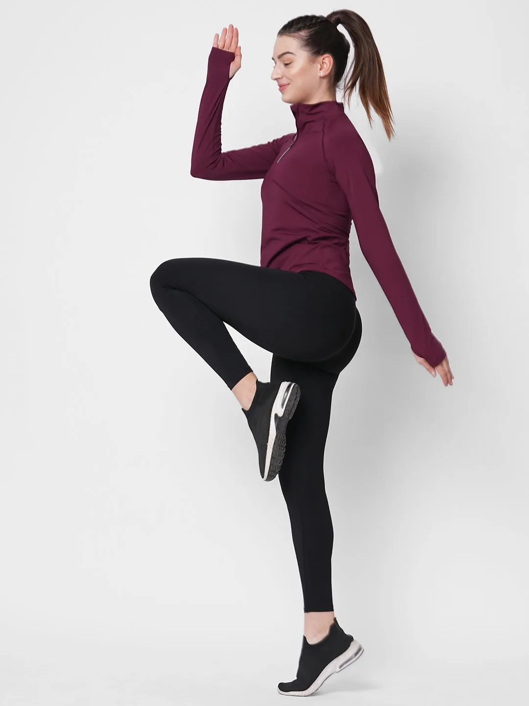 Fitkin women maroon front zipper high neck training Tshirt