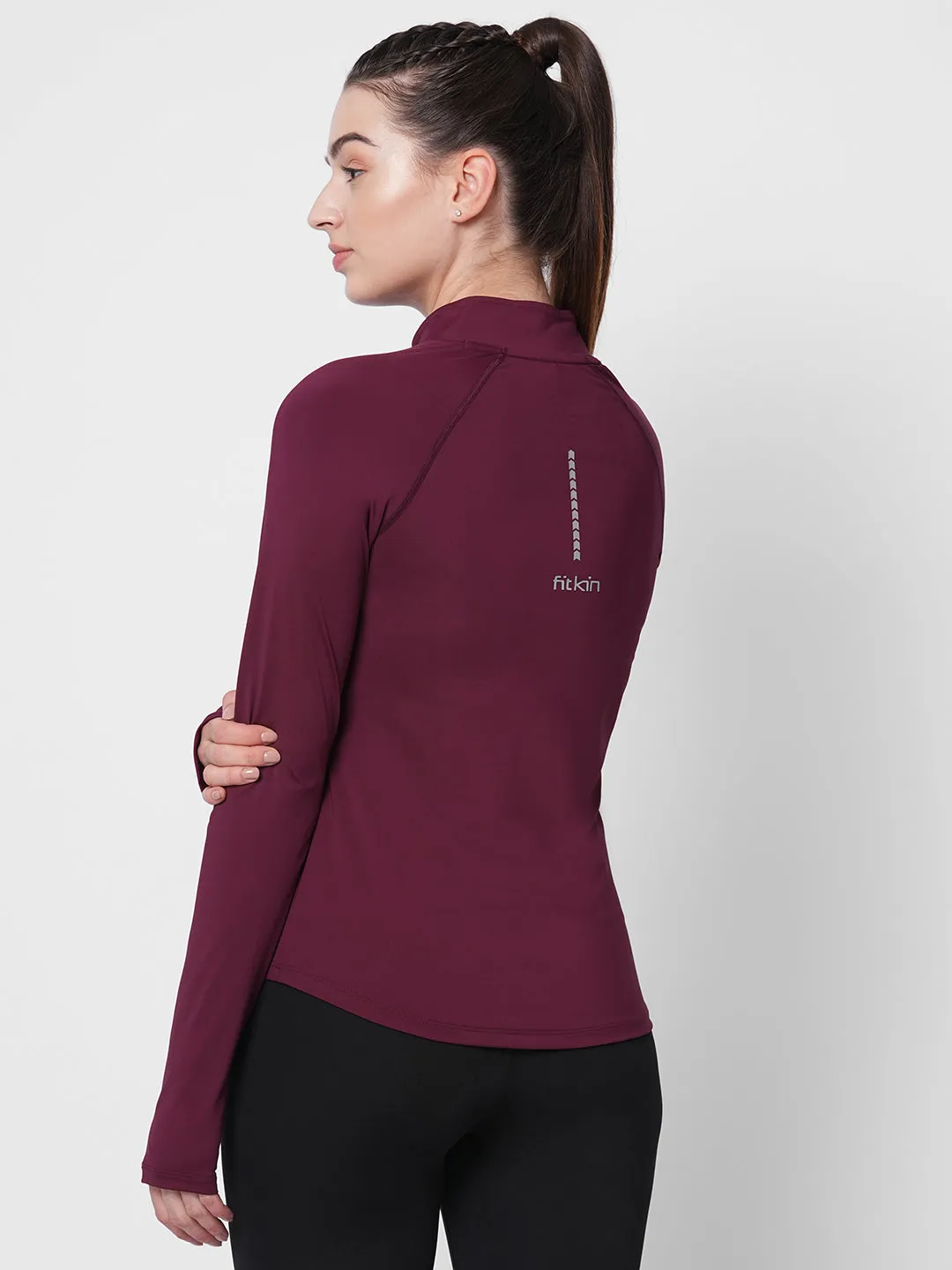 Fitkin women maroon front zipper high neck training Tshirt
