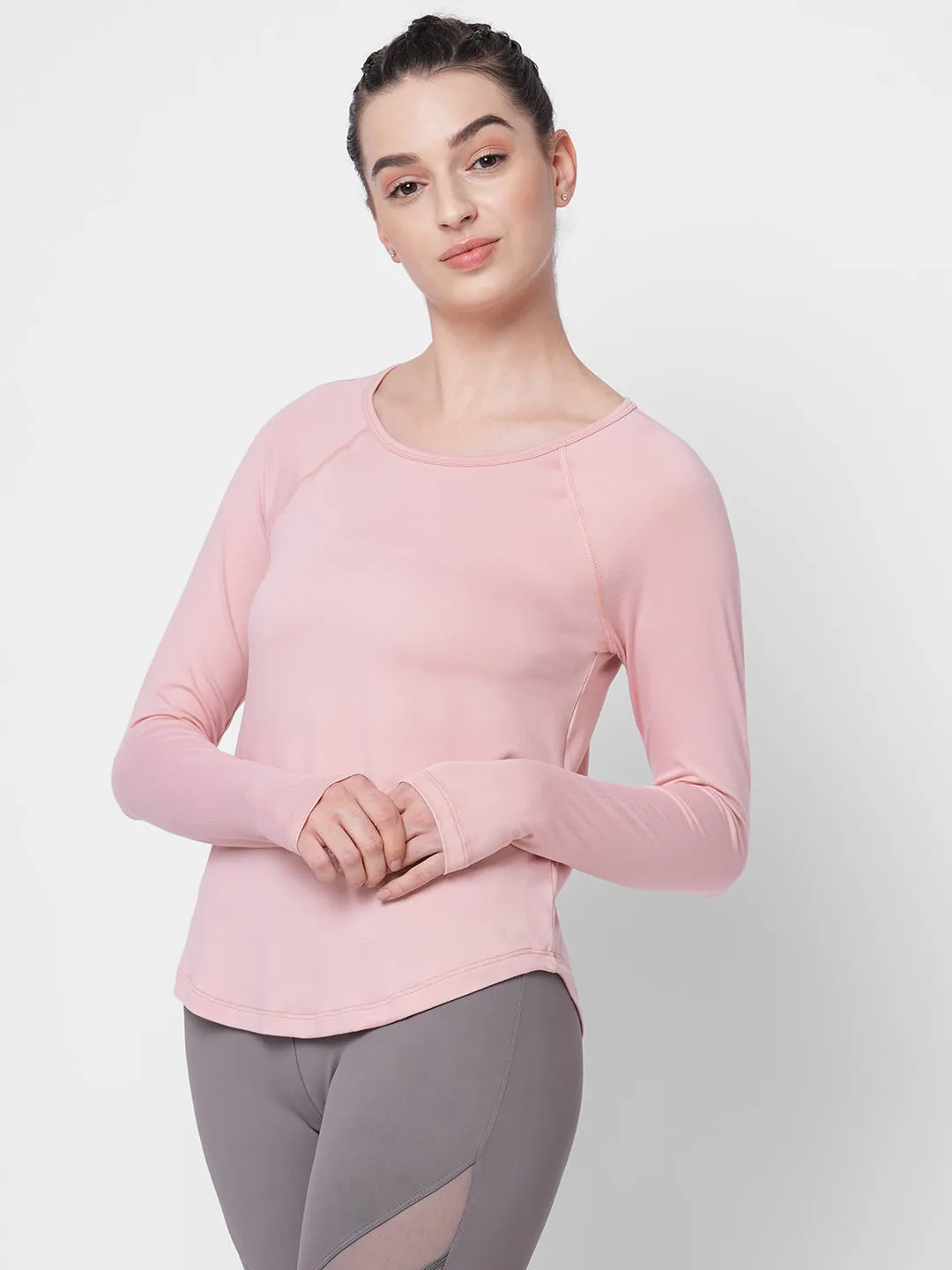 Fitkin women pink reglan sleeve back laser cut design tshirt