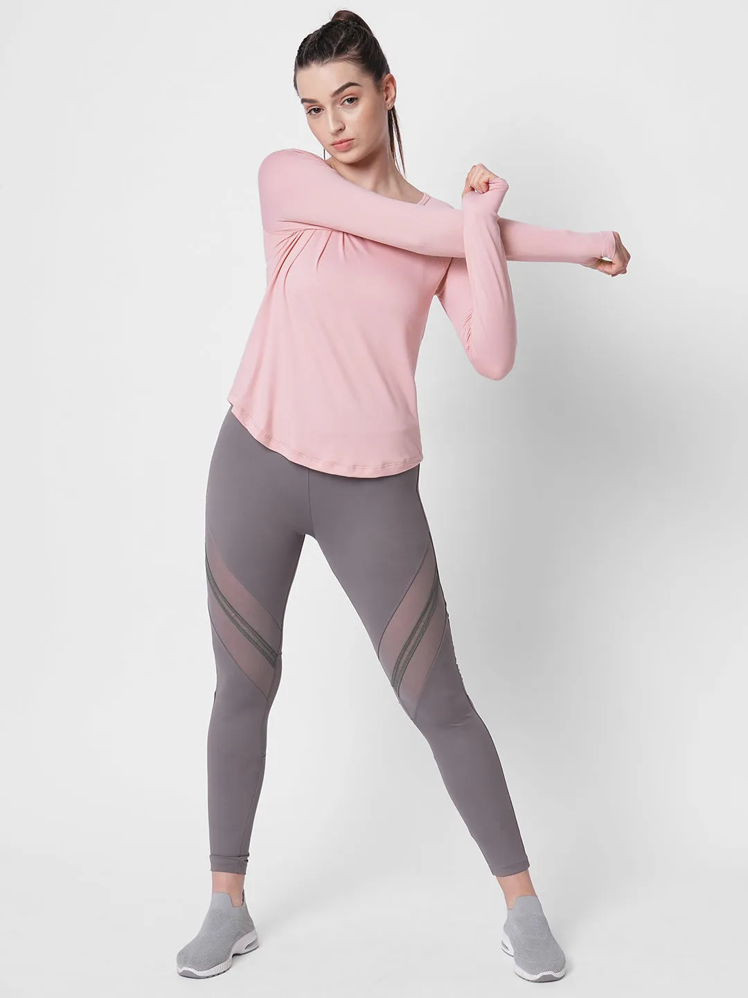 Fitkin women pink reglan sleeve back laser cut design tshirt