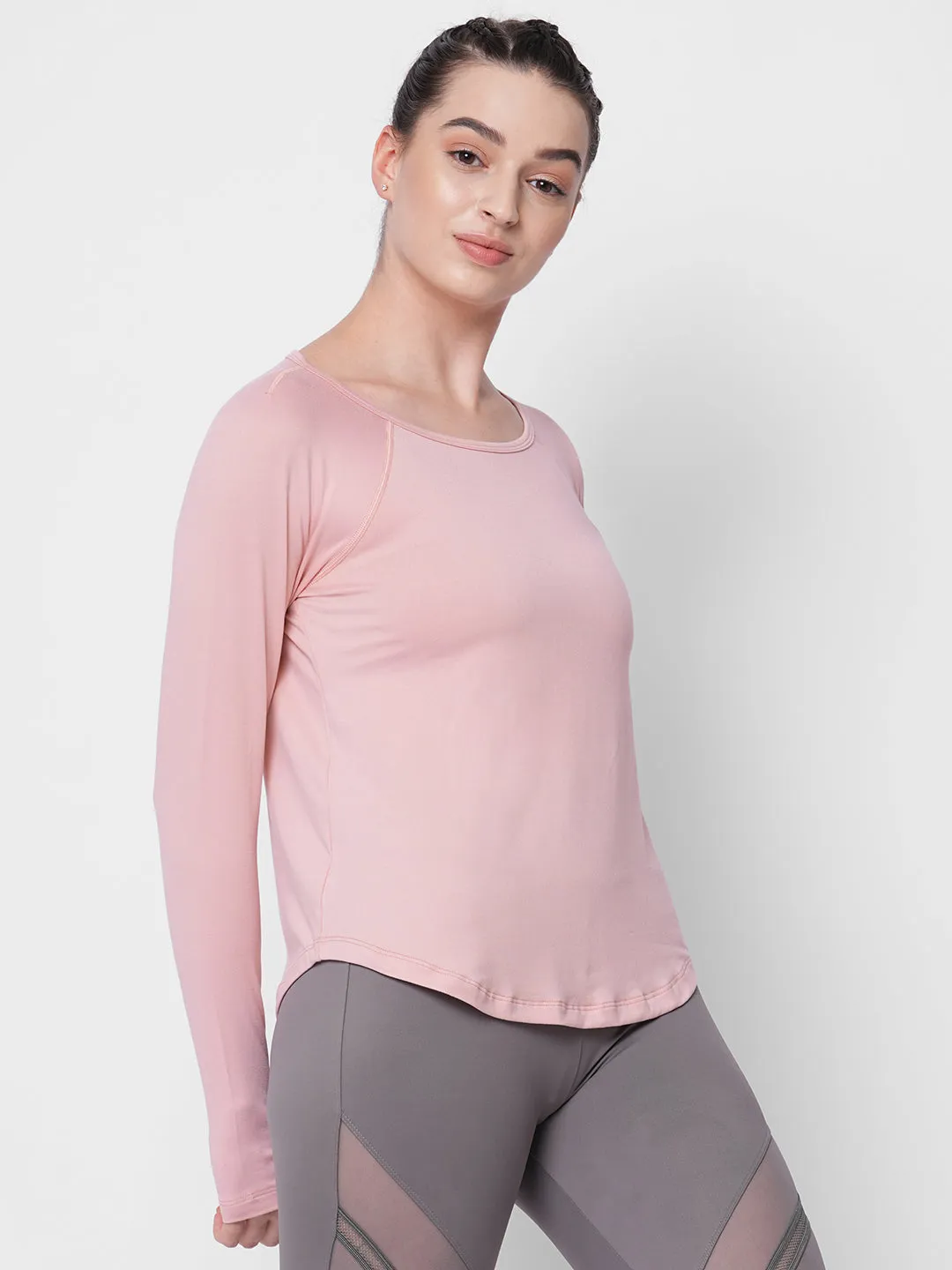 Fitkin women pink reglan sleeve back laser cut design tshirt