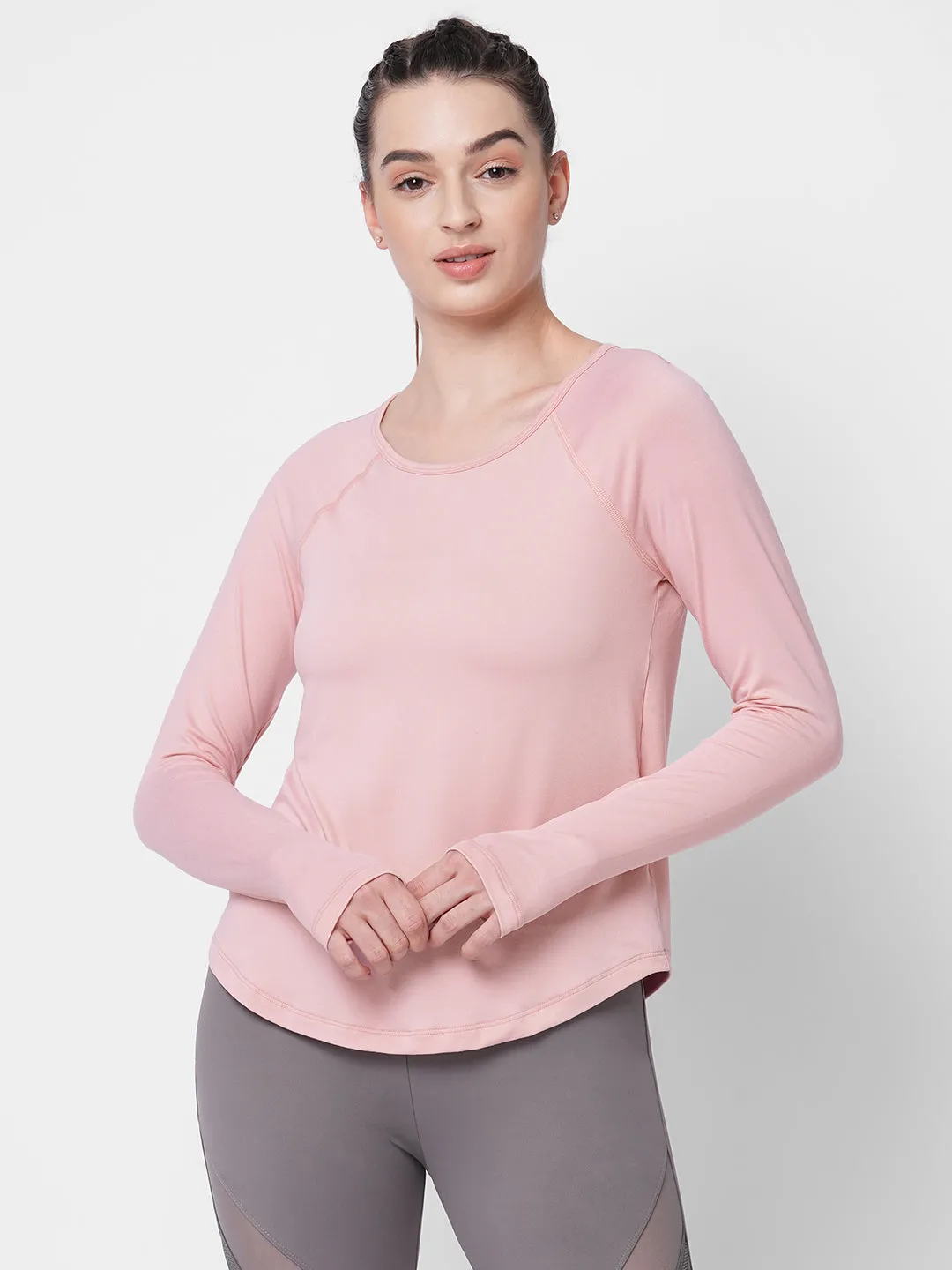 Fitkin women pink reglan sleeve back laser cut design tshirt