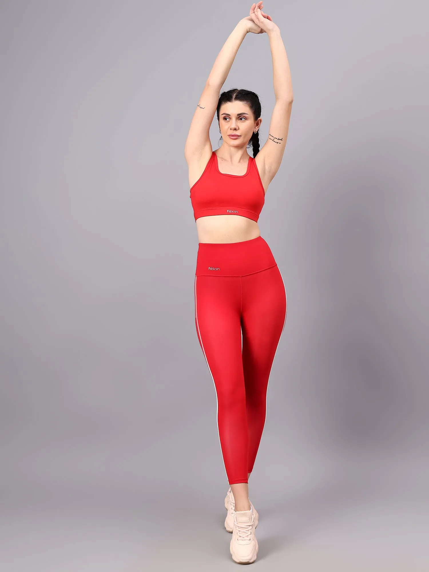 Fitkin women red high waist tights with side binding detail