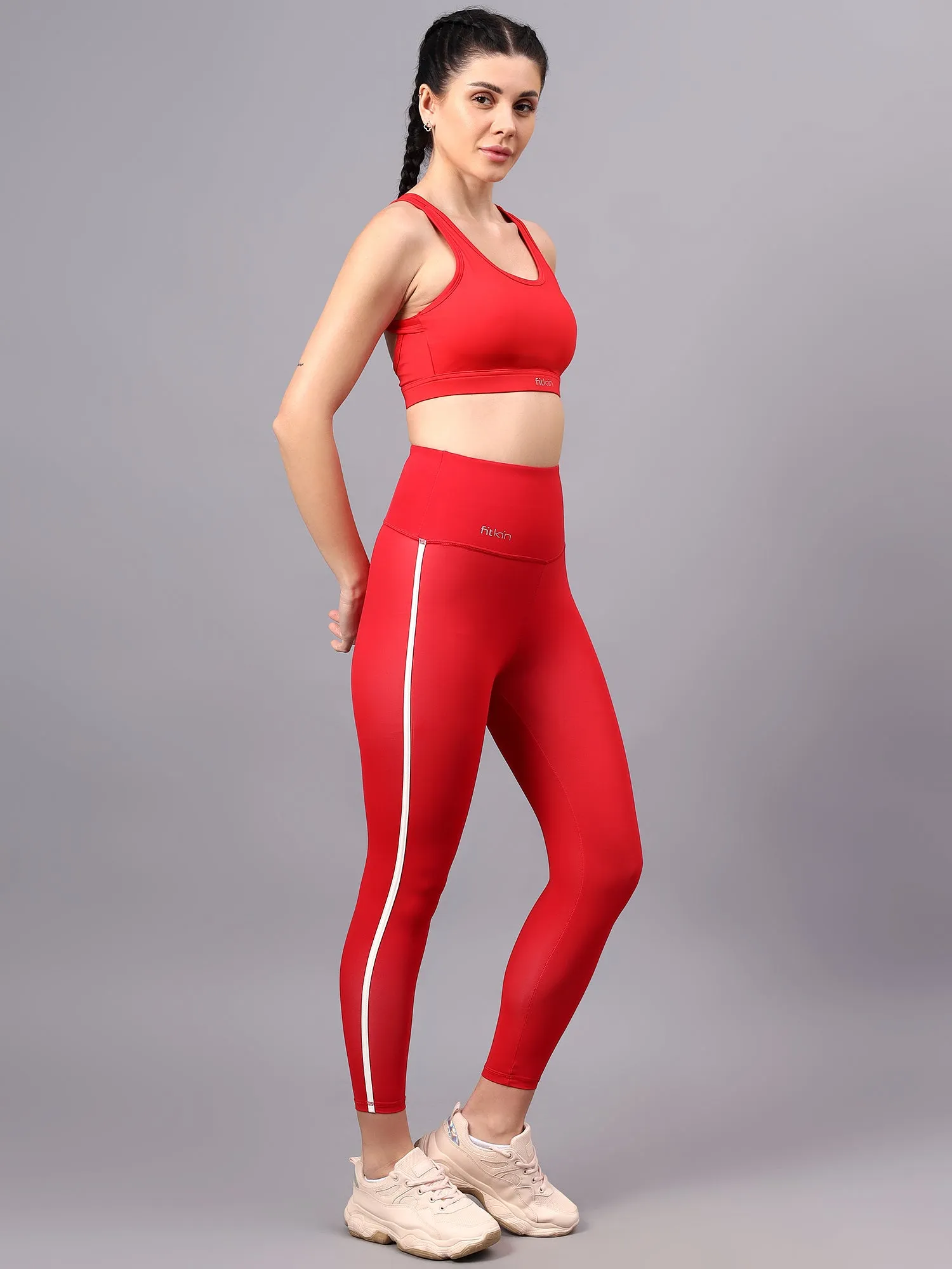 Fitkin women red high waist tights with side binding detail