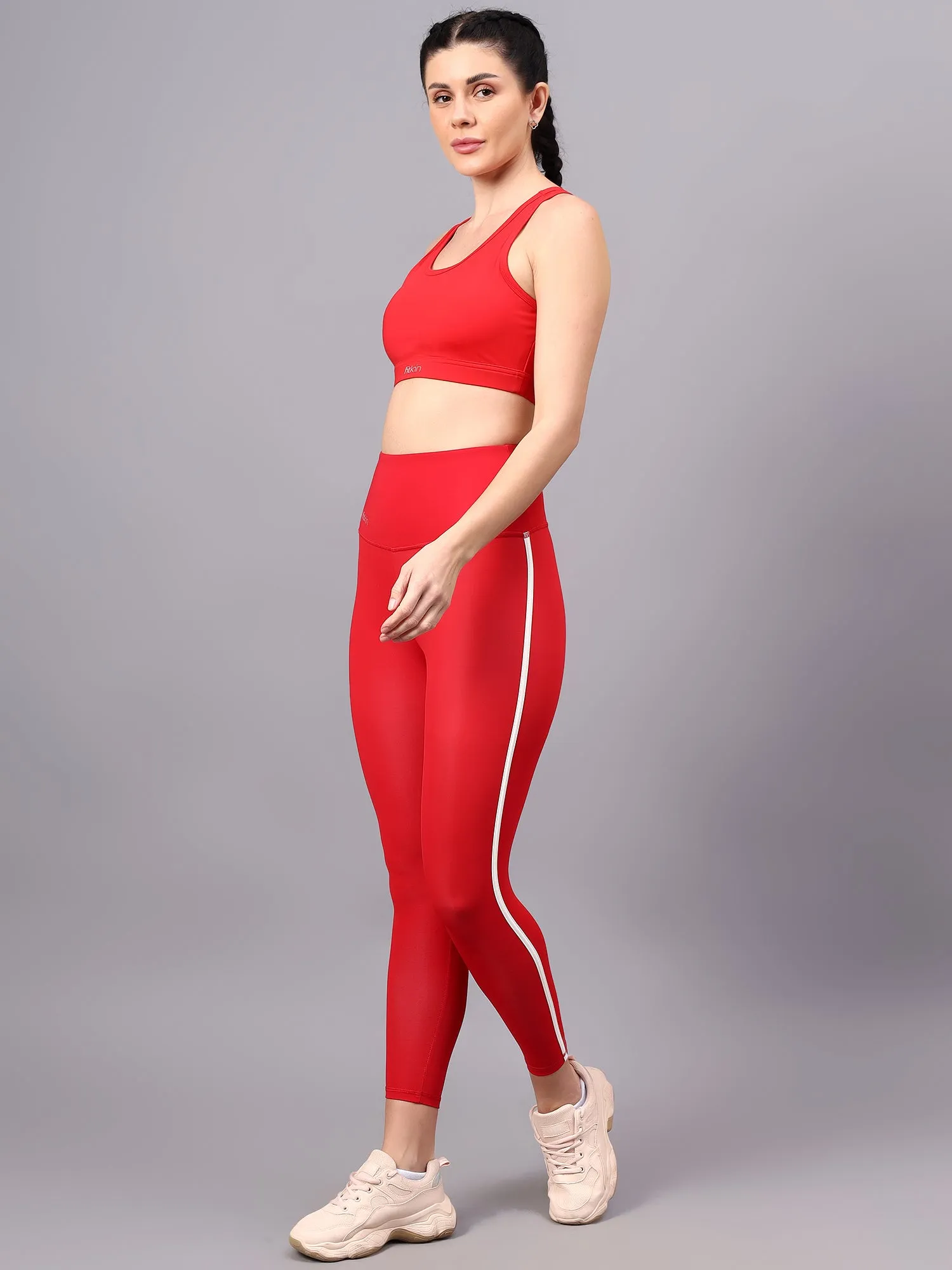 Fitkin women red high waist tights with side binding detail