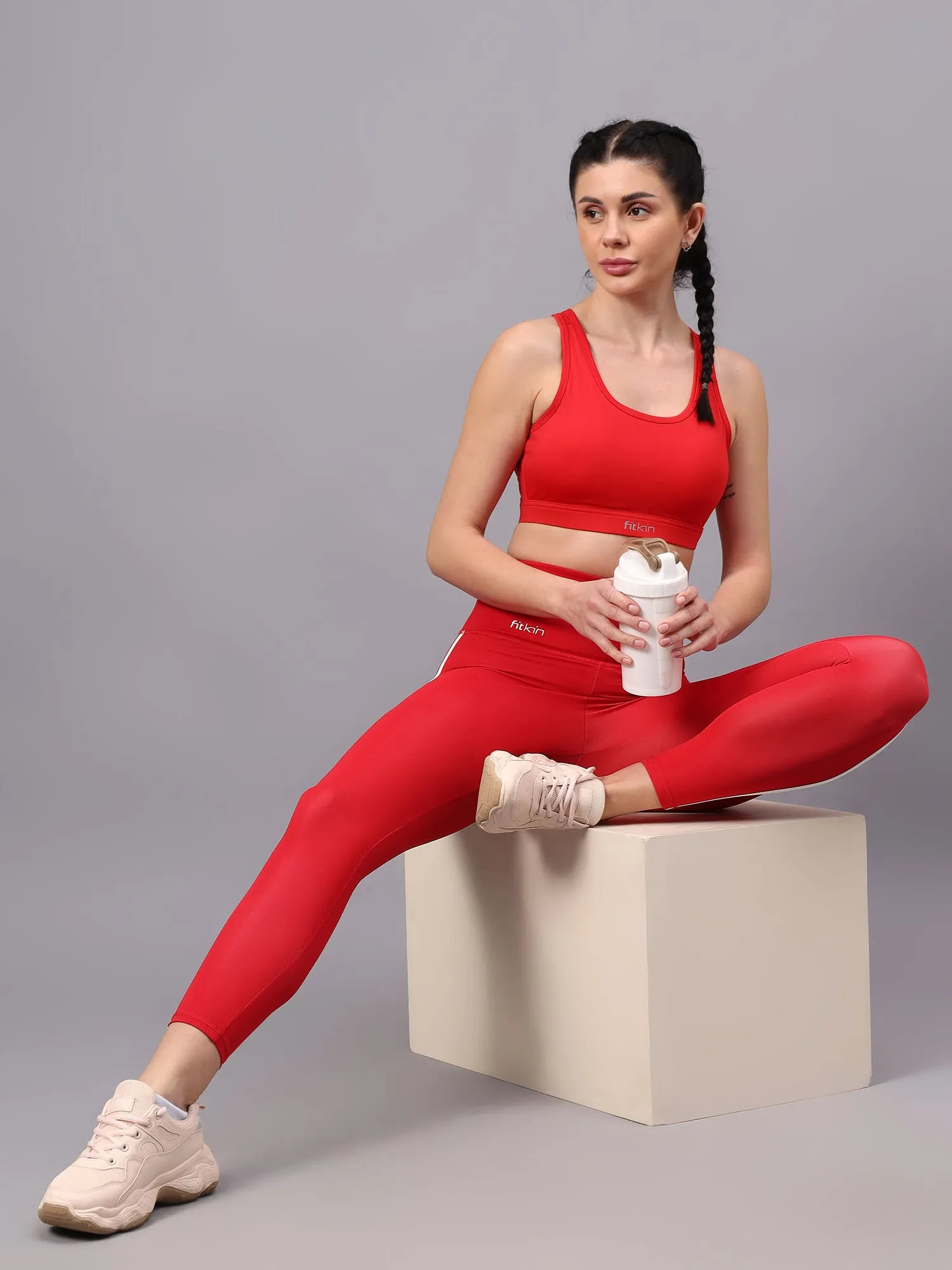 Fitkin women red high waist tights with side binding detail
