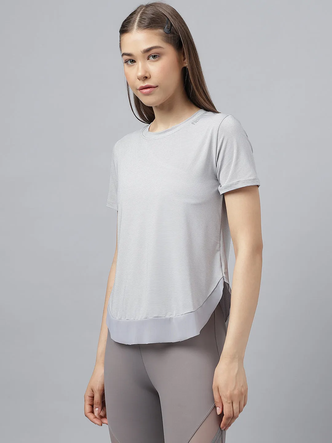 Fitkin women self stripes round neck short sleeves t-shirt