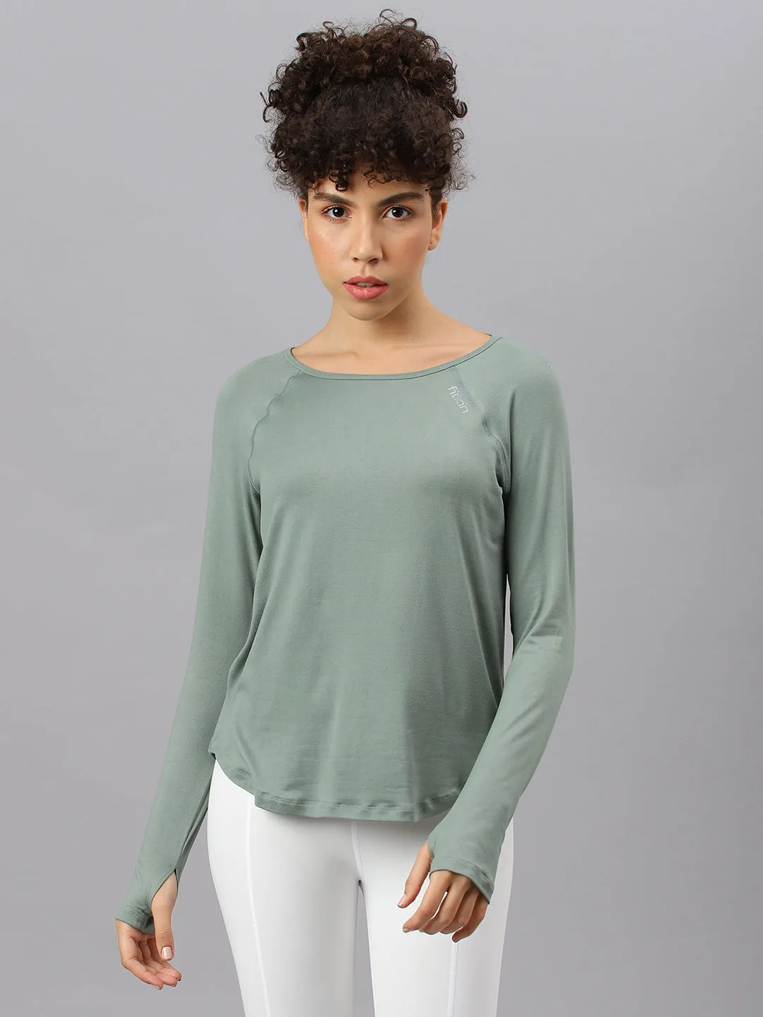Fitkin women's green round neck back laser cut design full sleeves t-shirt