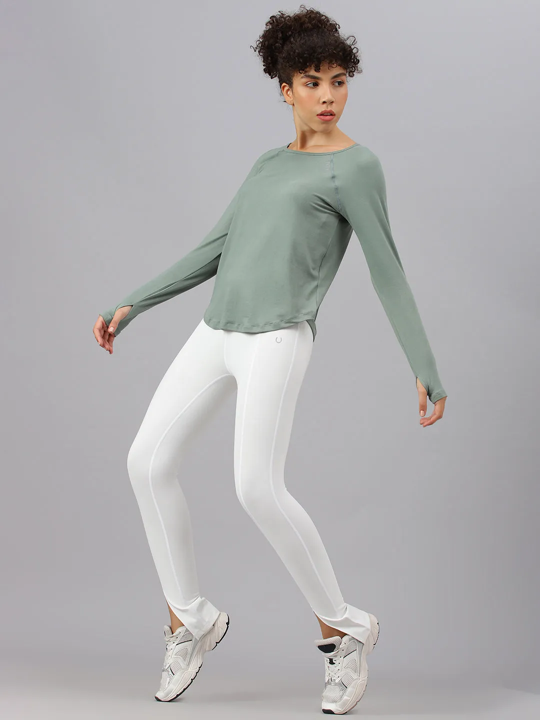Fitkin women's green round neck back laser cut design full sleeves t-shirt