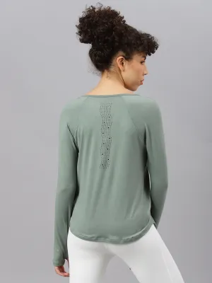 Fitkin women's green round neck back laser cut design full sleeves t-shirt