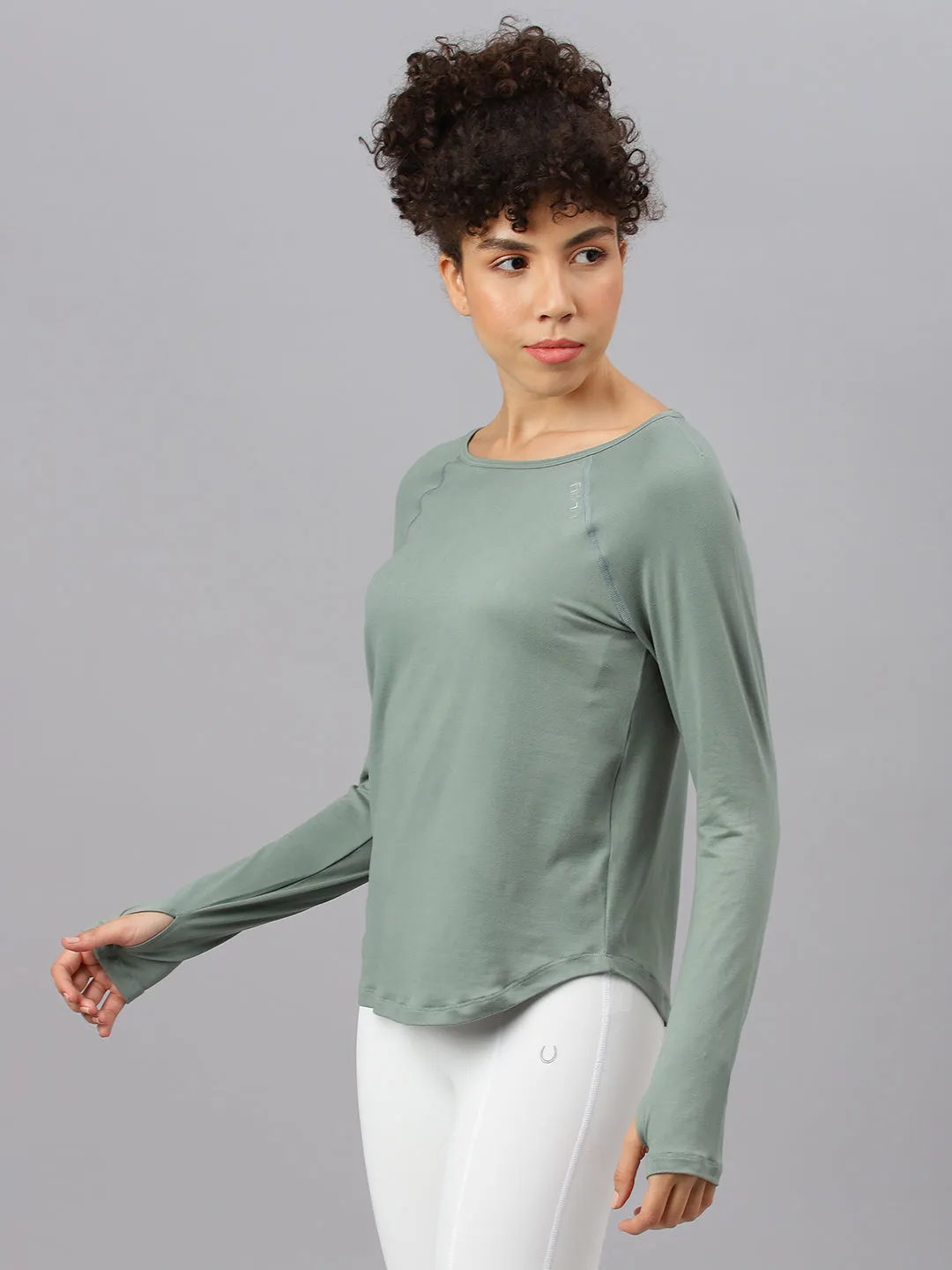 Fitkin women's green round neck back laser cut design full sleeves t-shirt