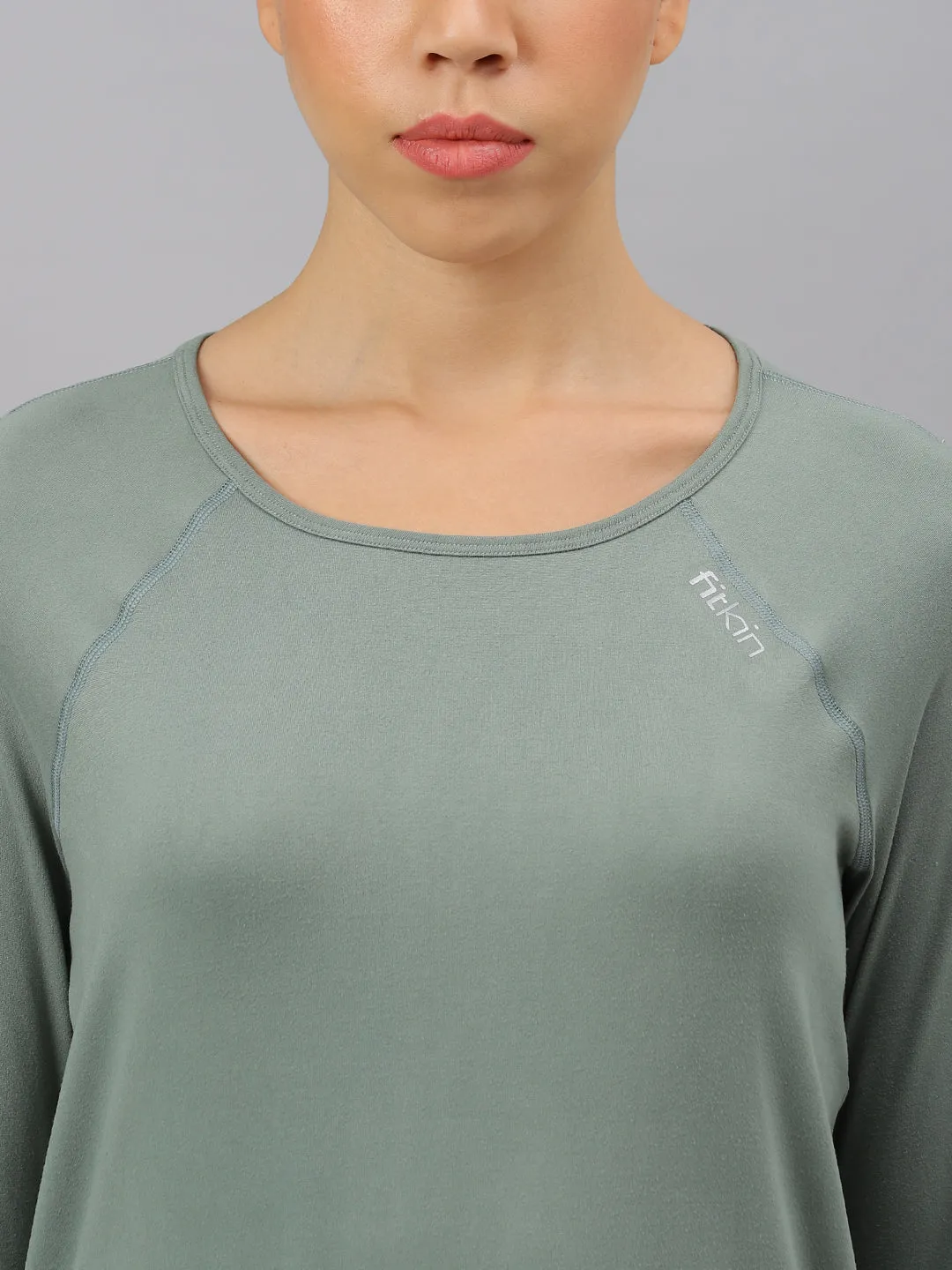 Fitkin women's green round neck back laser cut design full sleeves t-shirt