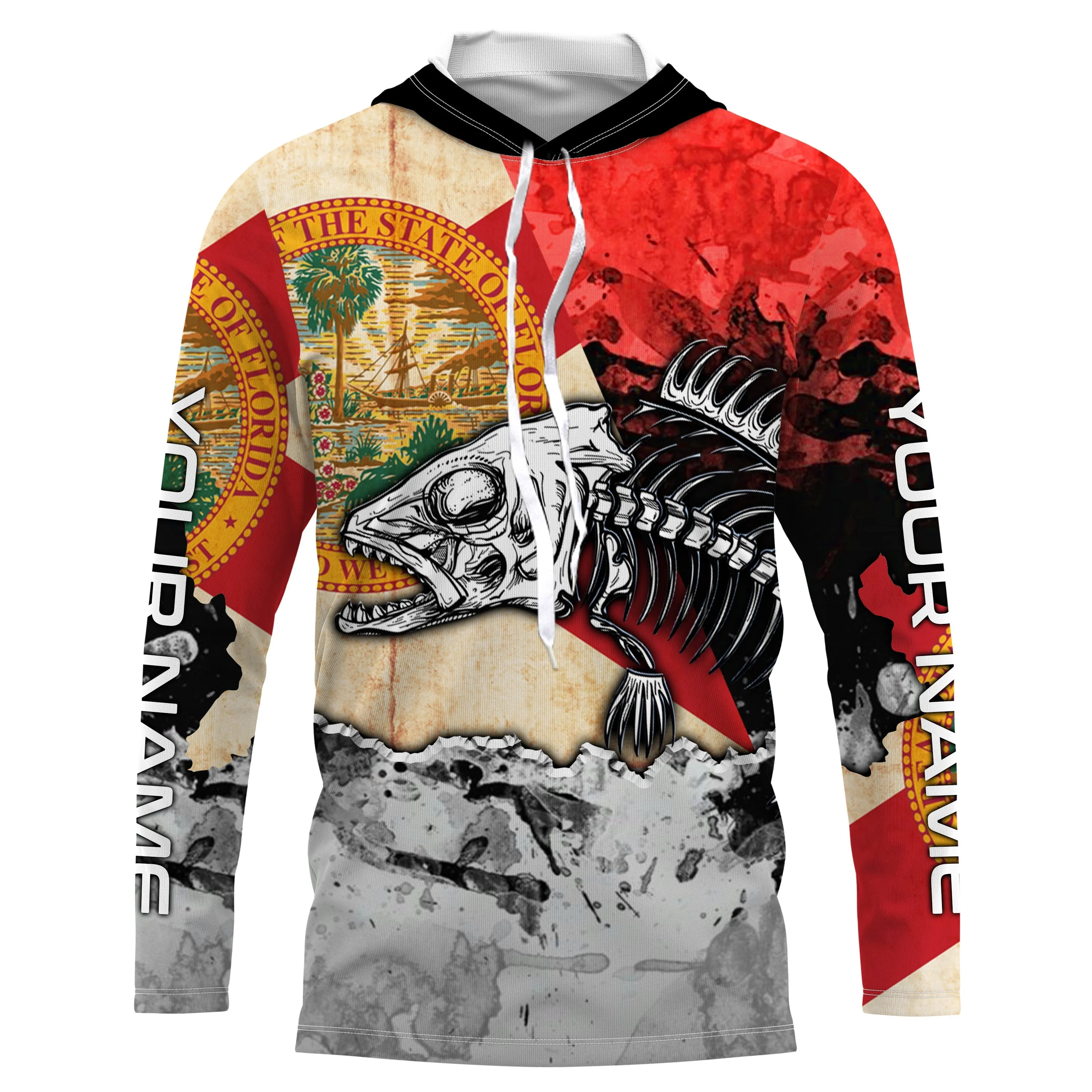 Florida Flag Fish Skeleton Custom name Long Sleeve tournament Fishing jerseys Shirts UPF 30  for Fisherman TTS0408