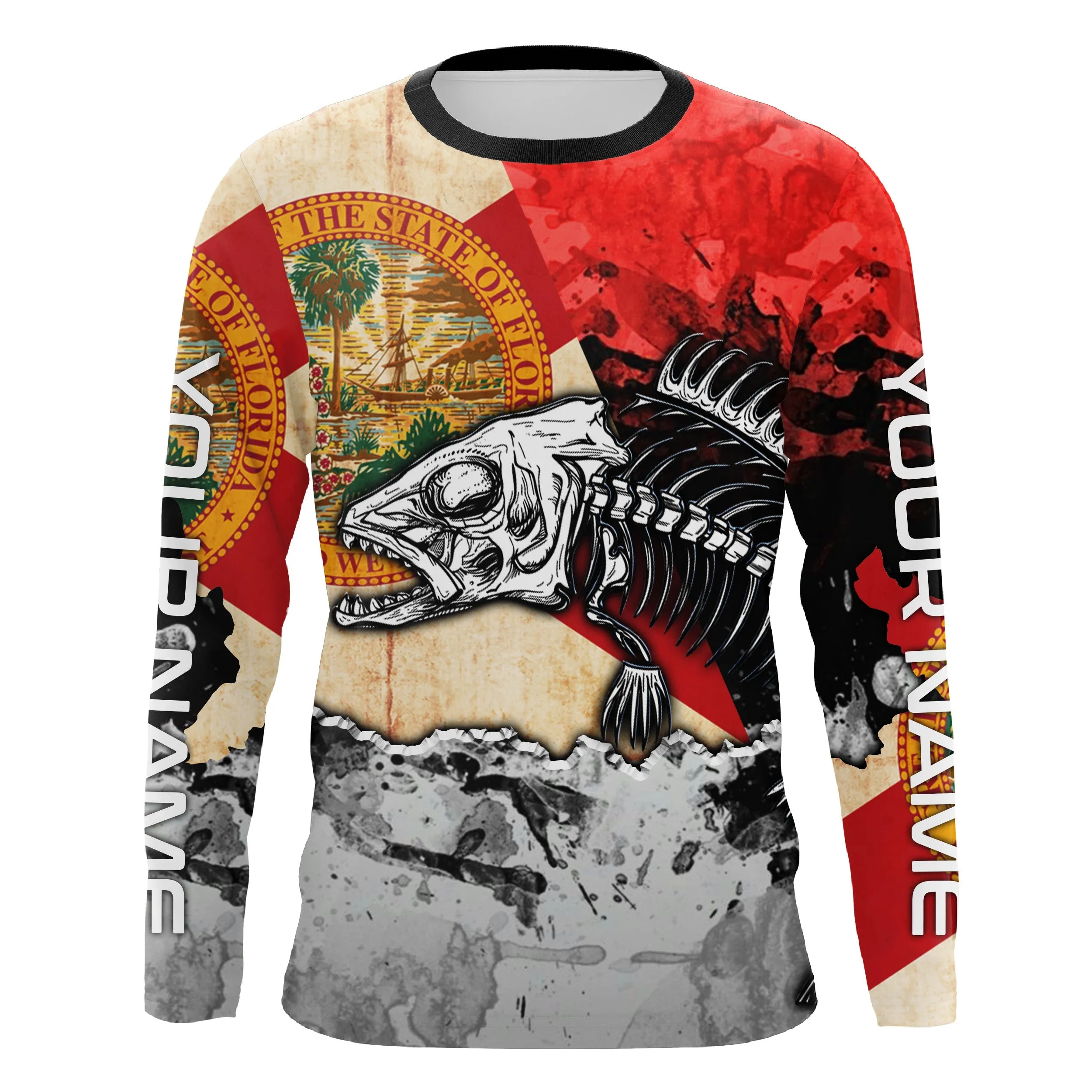 Florida Flag Fish Skeleton Custom name Long Sleeve tournament Fishing jerseys Shirts UPF 30  for Fisherman TTS0408
