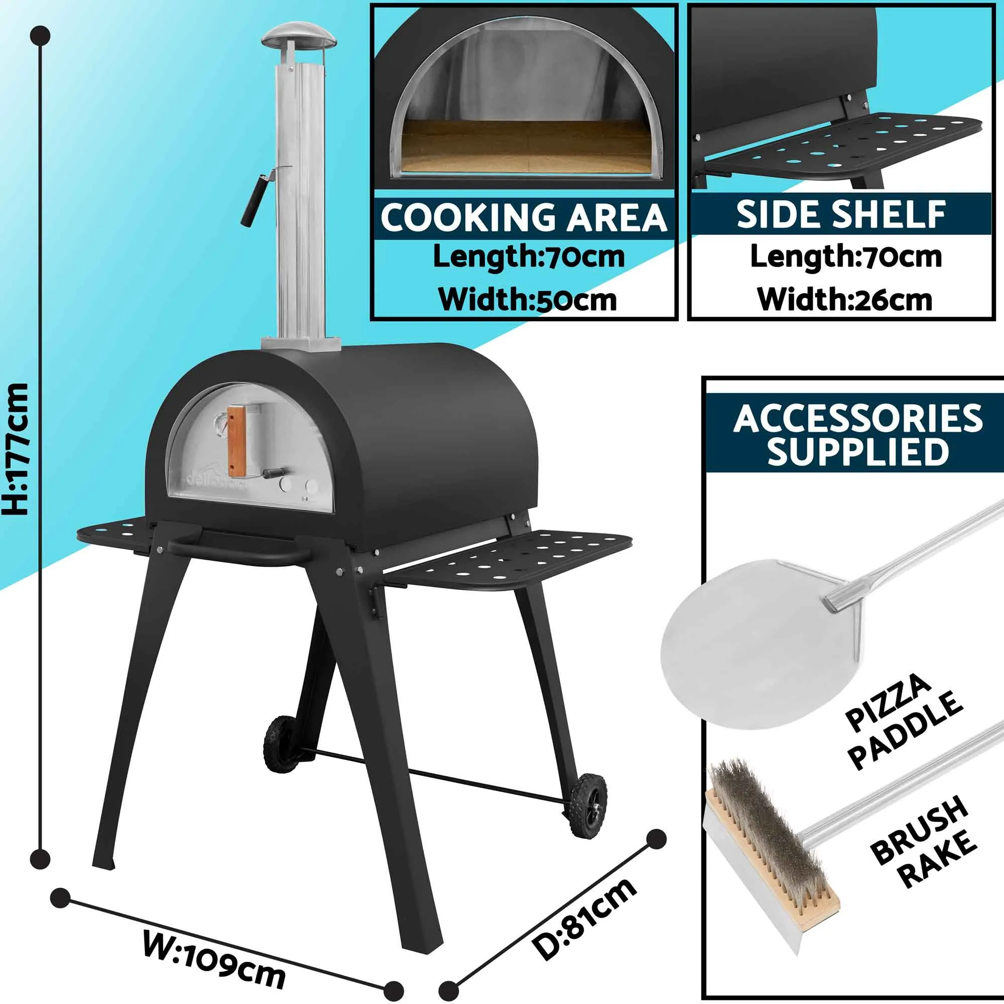 Freestanding Outdoor Wood-Fired Pizza Oven & Smoker with Side Shelves & Stand - DG103