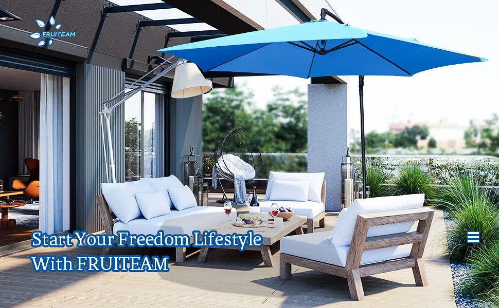 FRUITEAM 10-ft Offset Hanging Umbrella, Large Market Umbrella with Crank & Cross Base, Sky Blue!