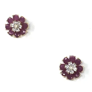 Gold Earrings Tops with White and Pink Stones in Flower Shape