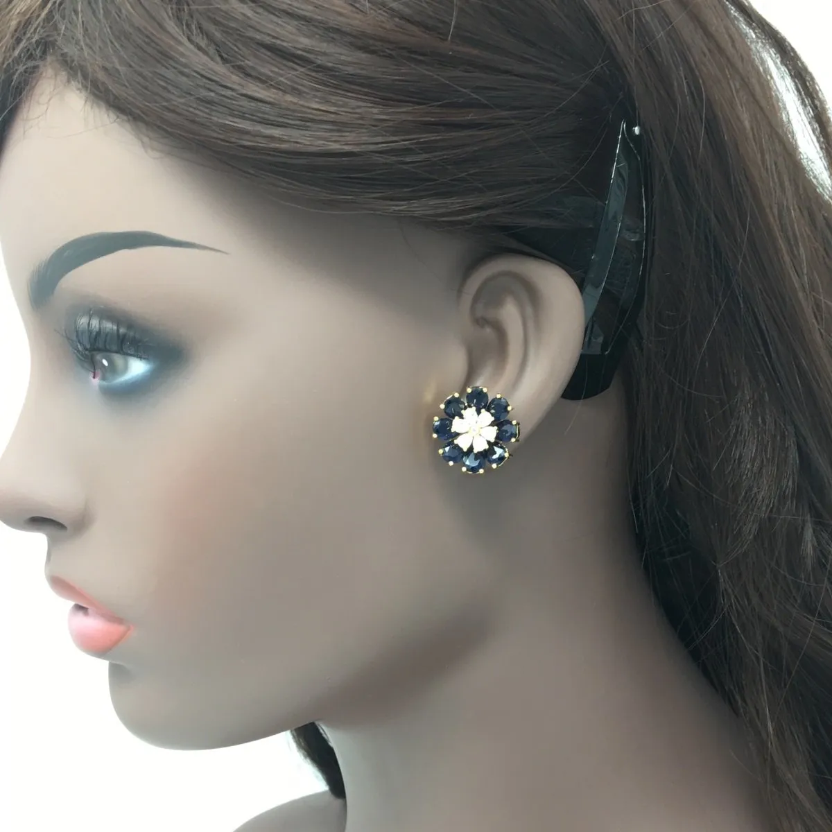 Gold Earrings Tops with White and Pink Stones in Flower Shape