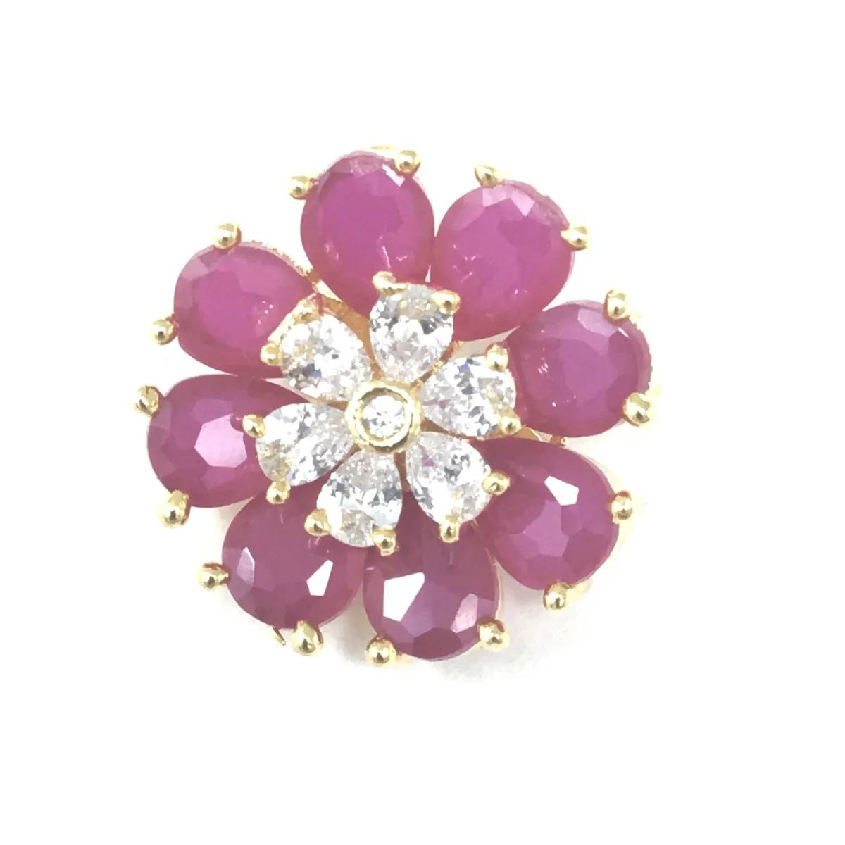 Gold Earrings Tops with White and Pink Stones in Flower Shape