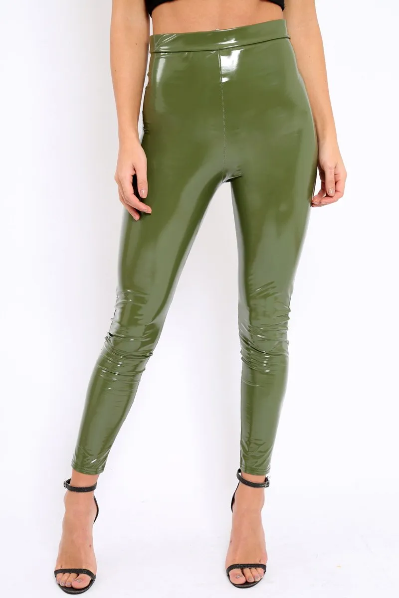 Khaki Shiny Vinyl PU Leggings - Rio