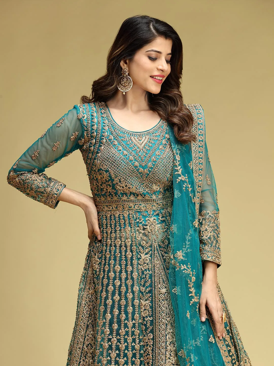 Long Trail Pattern Style Top with Skirt with Full Golden Zari Work