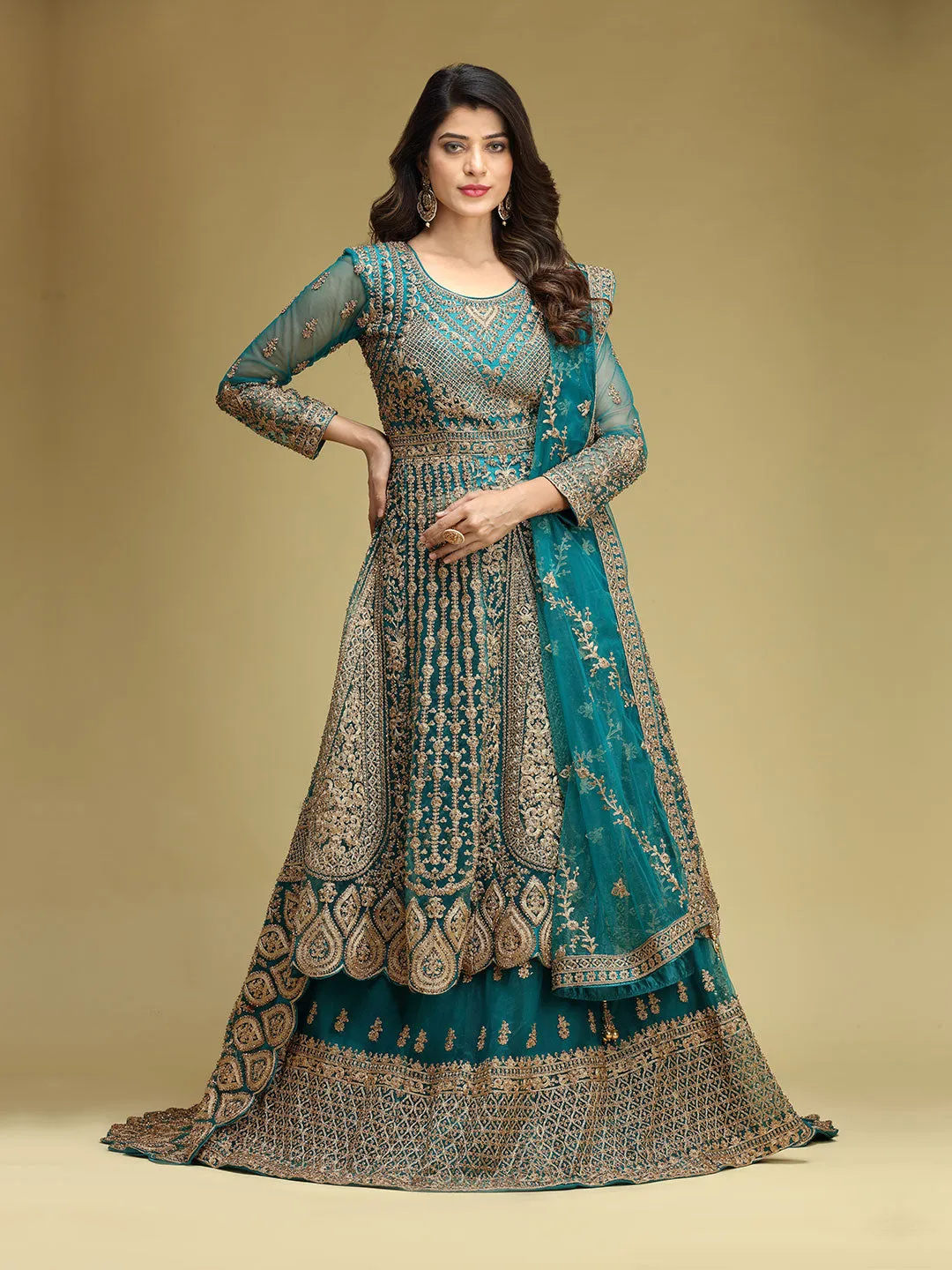 Long Trail Pattern Style Top with Skirt with Full Golden Zari Work