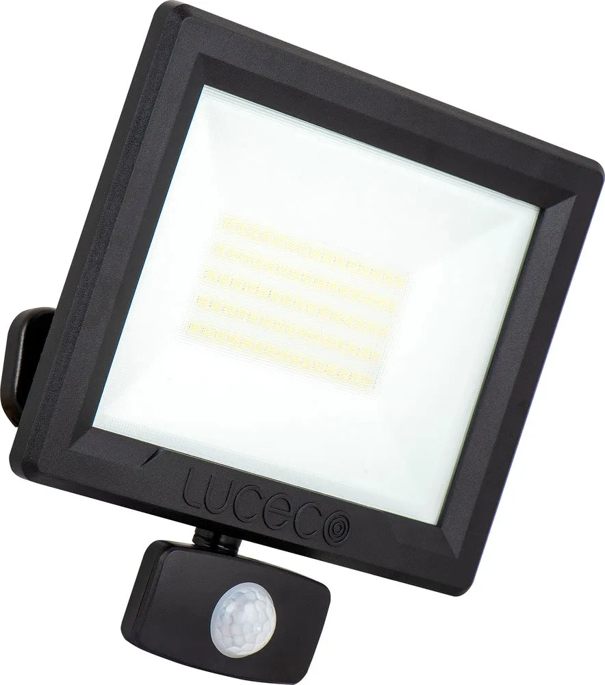 Luceco EFLD50B40P-06 50W Essence Security PIR Floodlight with Ball Joint 1m Cable - Dusk-Till-Dawn Override PIR - Black