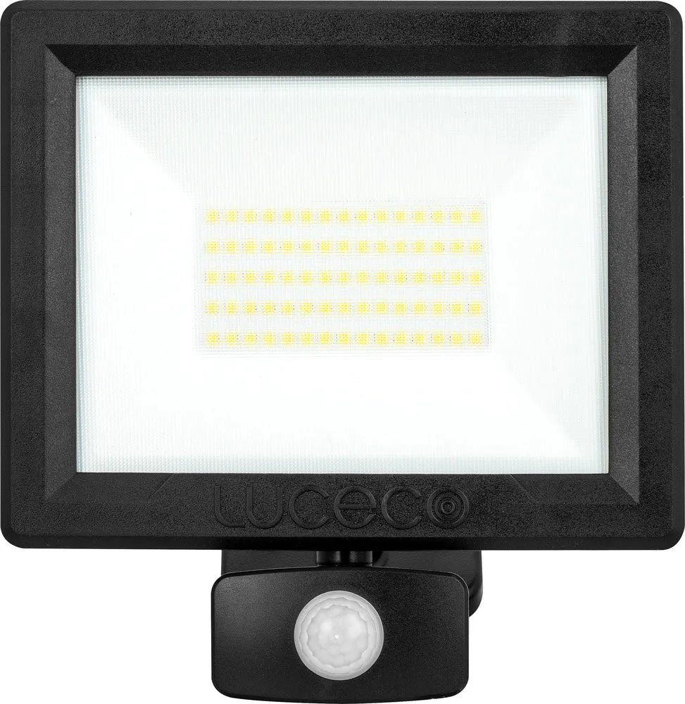 Luceco EFLD50B40P-06 50W Essence Security PIR Floodlight with Ball Joint 1m Cable - Dusk-Till-Dawn Override PIR - Black