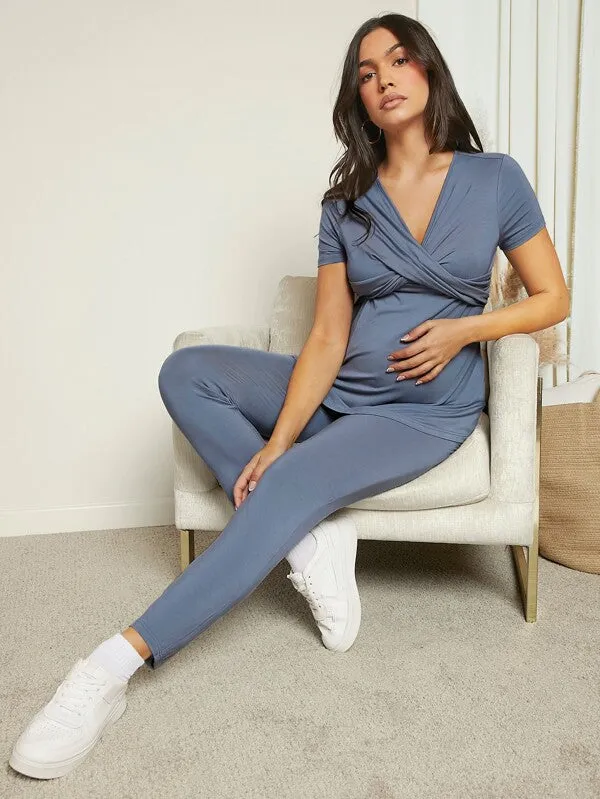 Maternity Wrap Cross Front Top & Adjustable Waist Leggings Set
