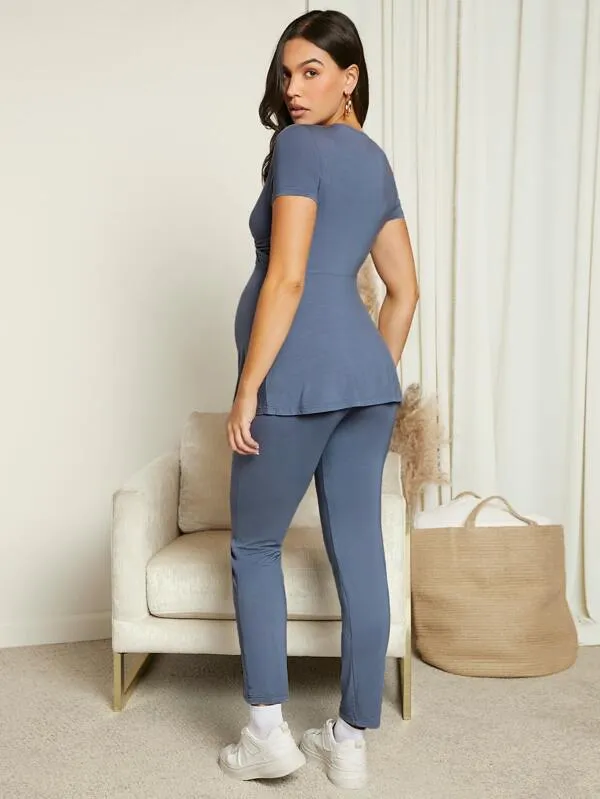 Maternity Wrap Cross Front Top & Adjustable Waist Leggings Set