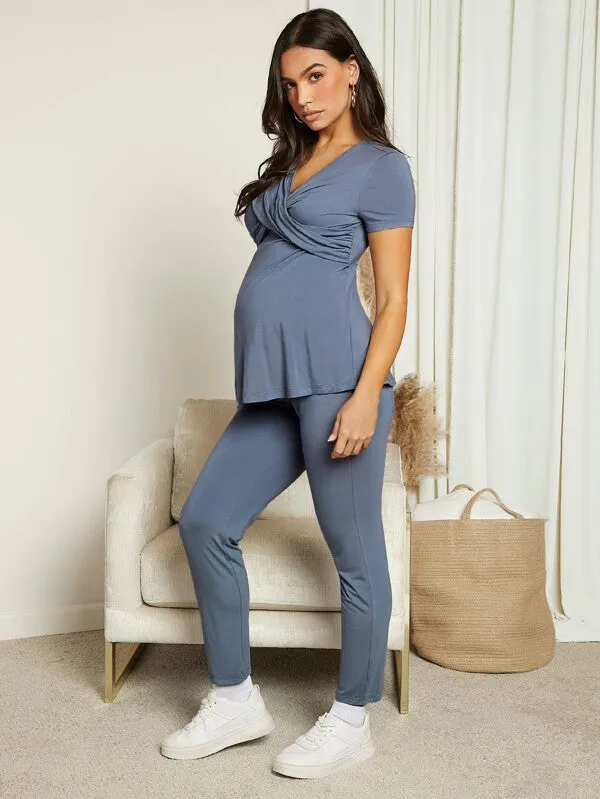 Maternity Wrap Cross Front Top & Adjustable Waist Leggings Set