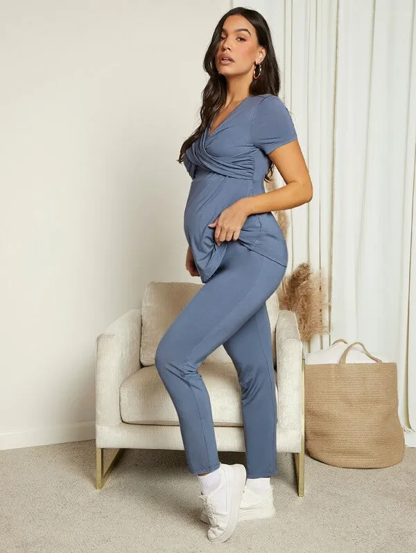 Maternity Wrap Cross Front Top & Adjustable Waist Leggings Set