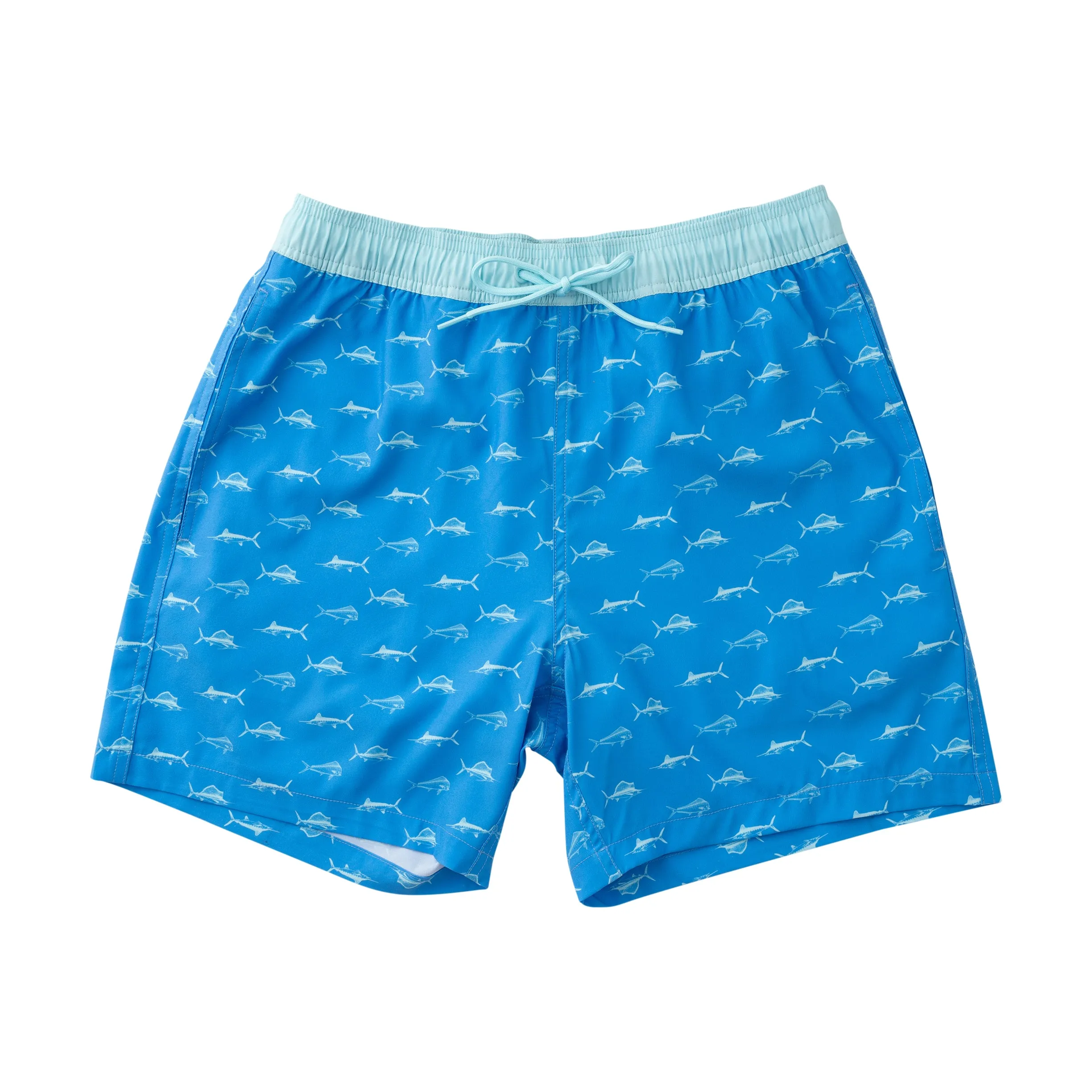 Mens Boogie Board Swim Trunk in Fish Print on Marina Blue