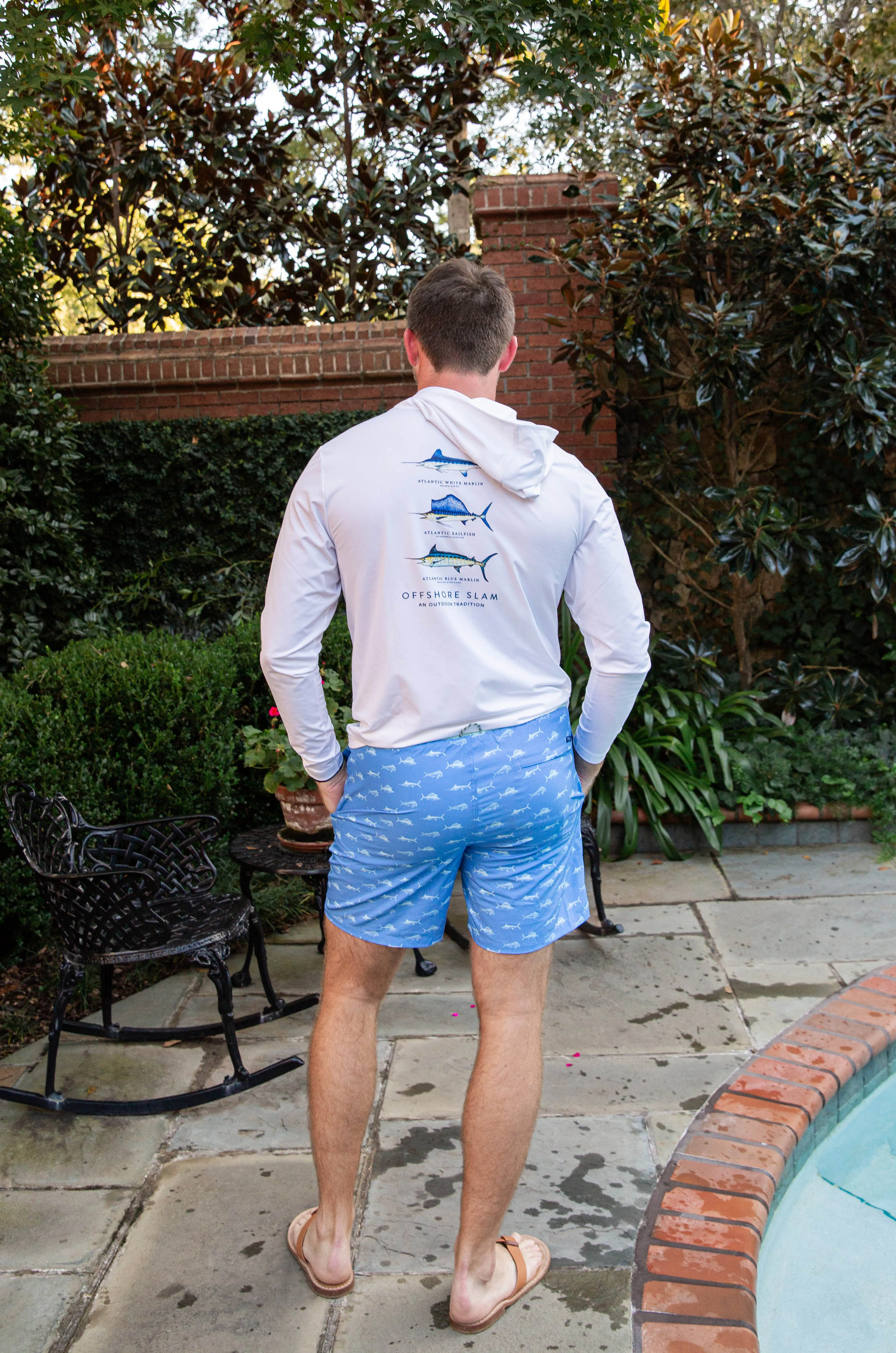Mens Boogie Board Swim Trunk in Fish Print on Marina Blue