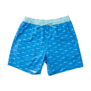 Mens Boogie Board Swim Trunk in Fish Print on Marina Blue
