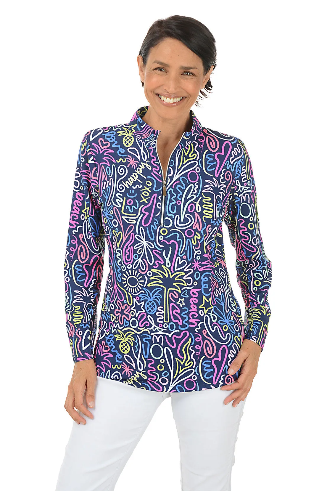 Navy Beach Drawings Cooling UPF50  Mock Neck Top