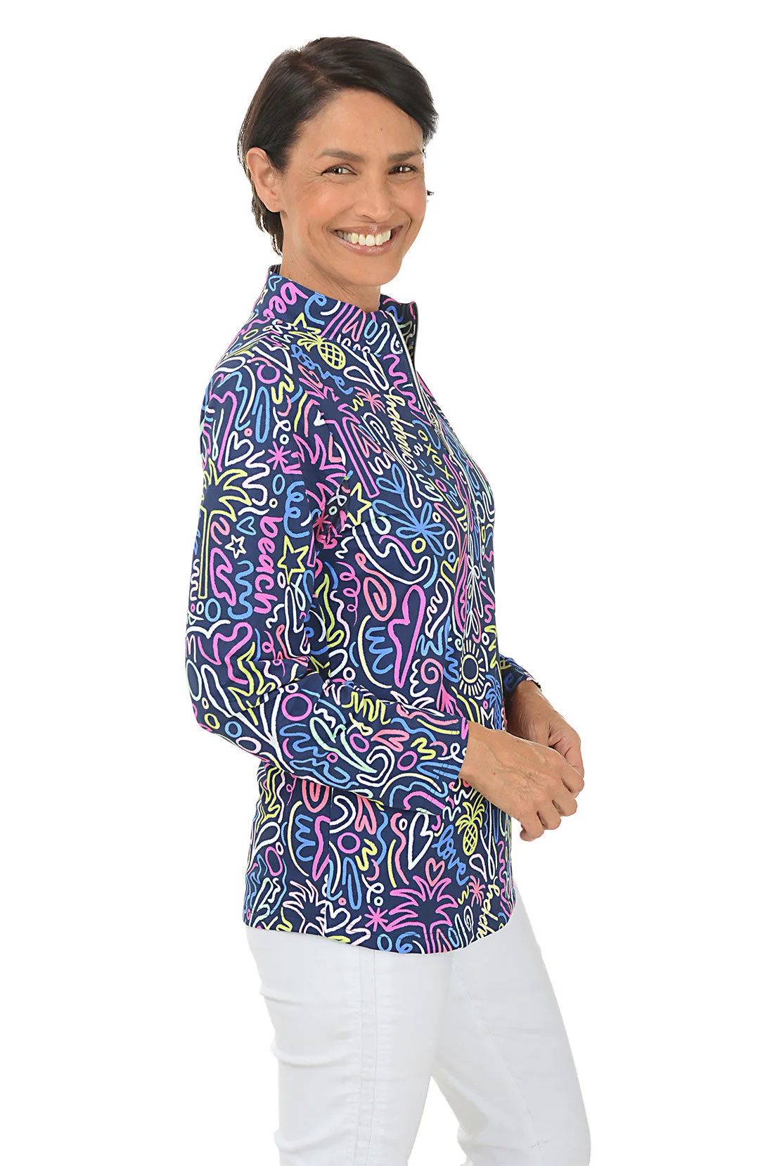 Navy Beach Drawings Cooling UPF50  Mock Neck Top